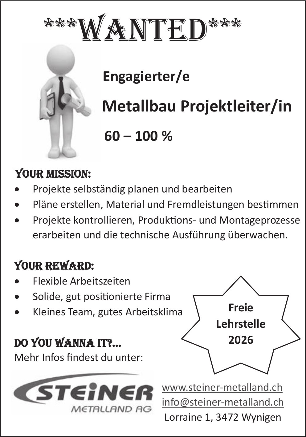 Metallbau Projektleiter/in 60-100%, Steiner Metalland AG, Wynigen, gesucht