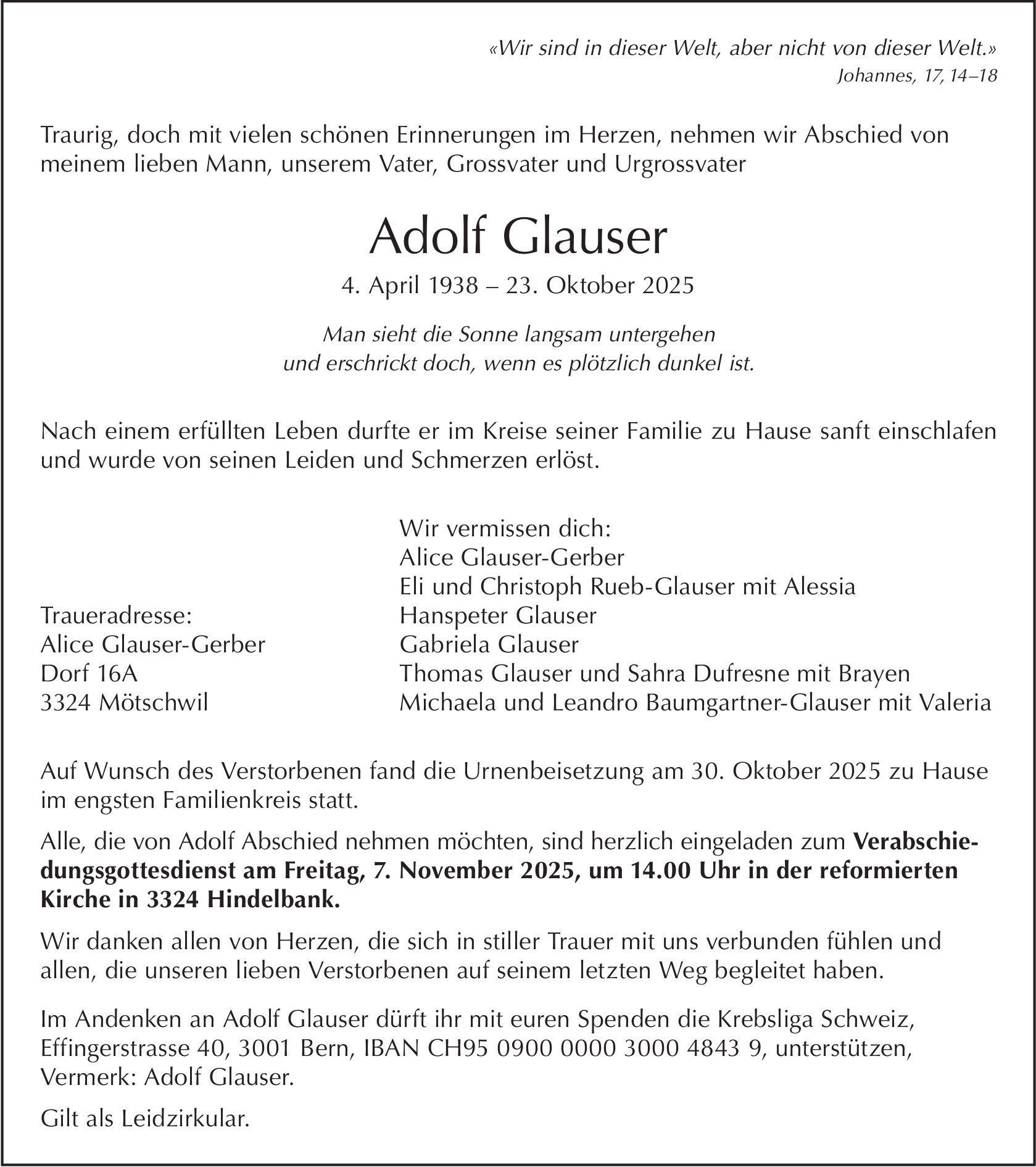 Adolf Glauser, Oktober 2025 / TA