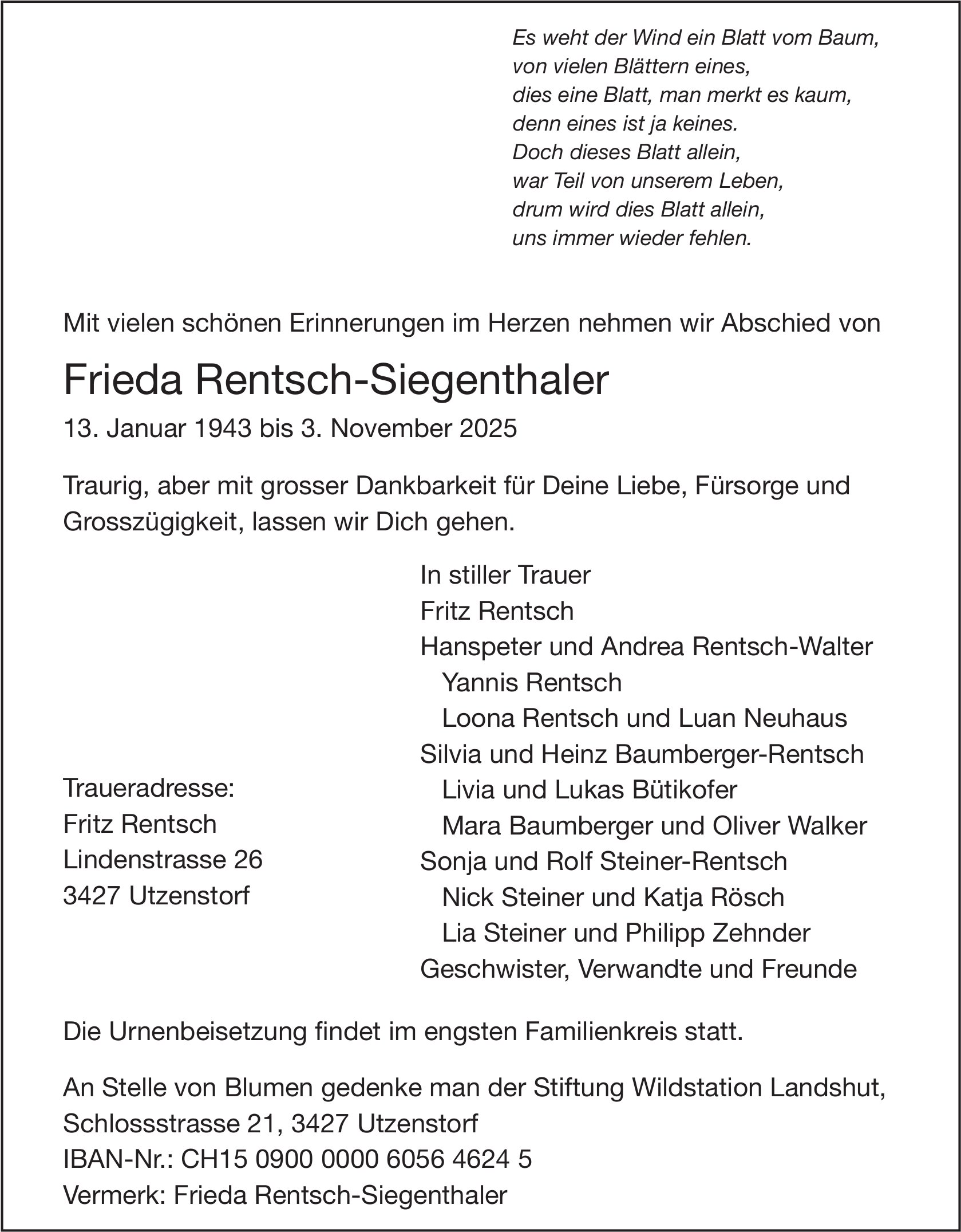 Frieda Rentsch-Siegenthaler, November 2025 / TA