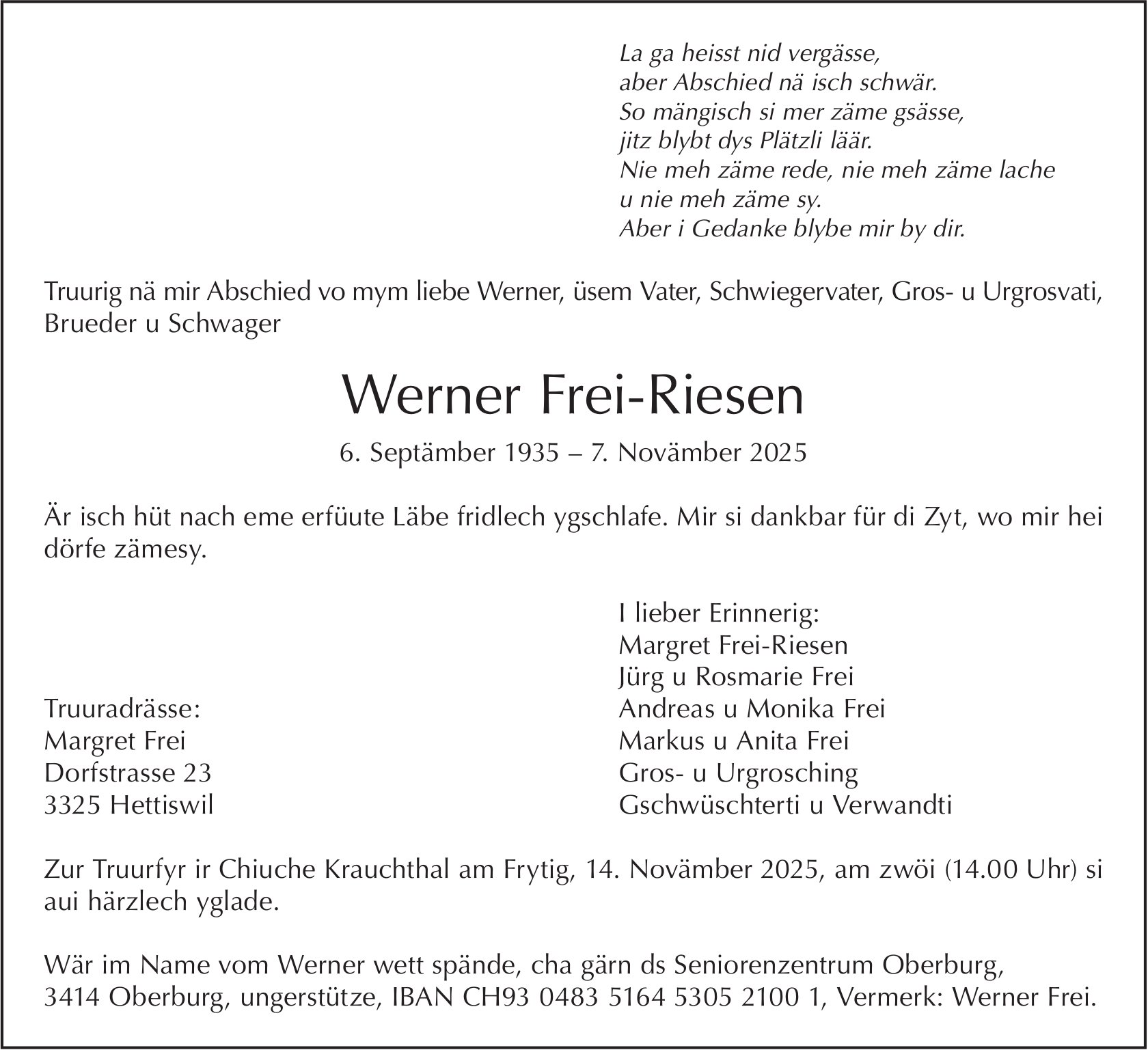 Werner Frei-Riesen, November 2025 / TA