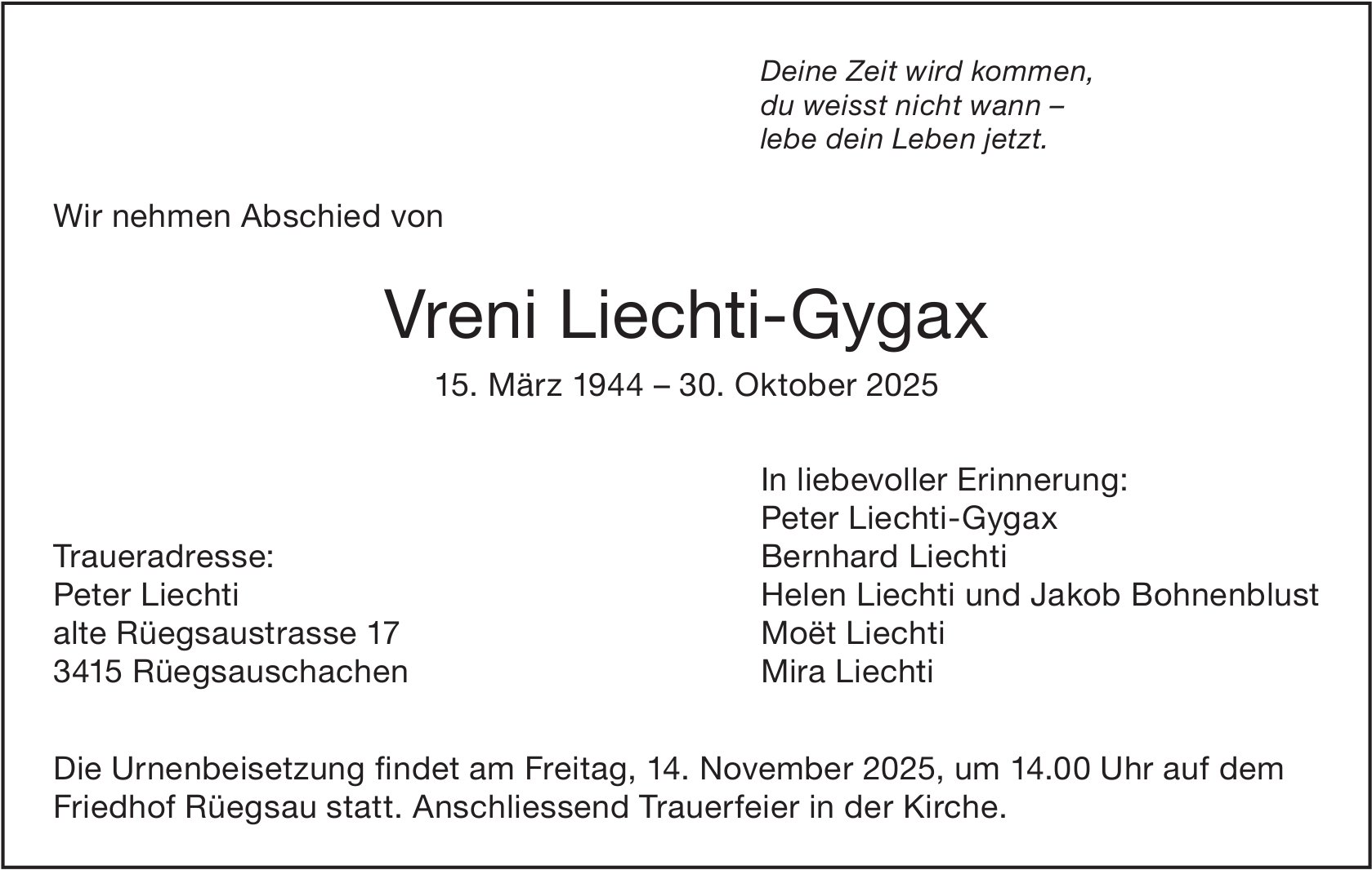 Vreni Liechti-Gygax, Oktober 2025 / TA