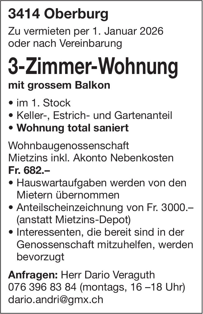 3-Zimmer-Wohnung, Oberburg, zu vermieten