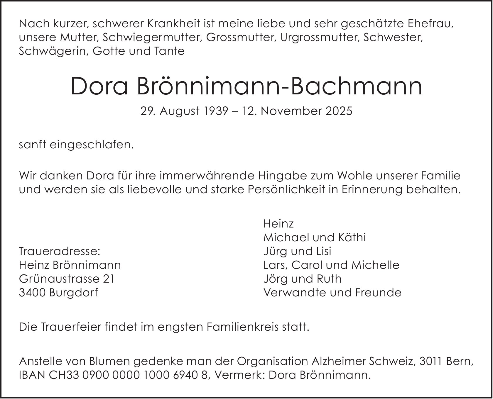 Dora Brönnimann-Bachmann, November 2025 / TA