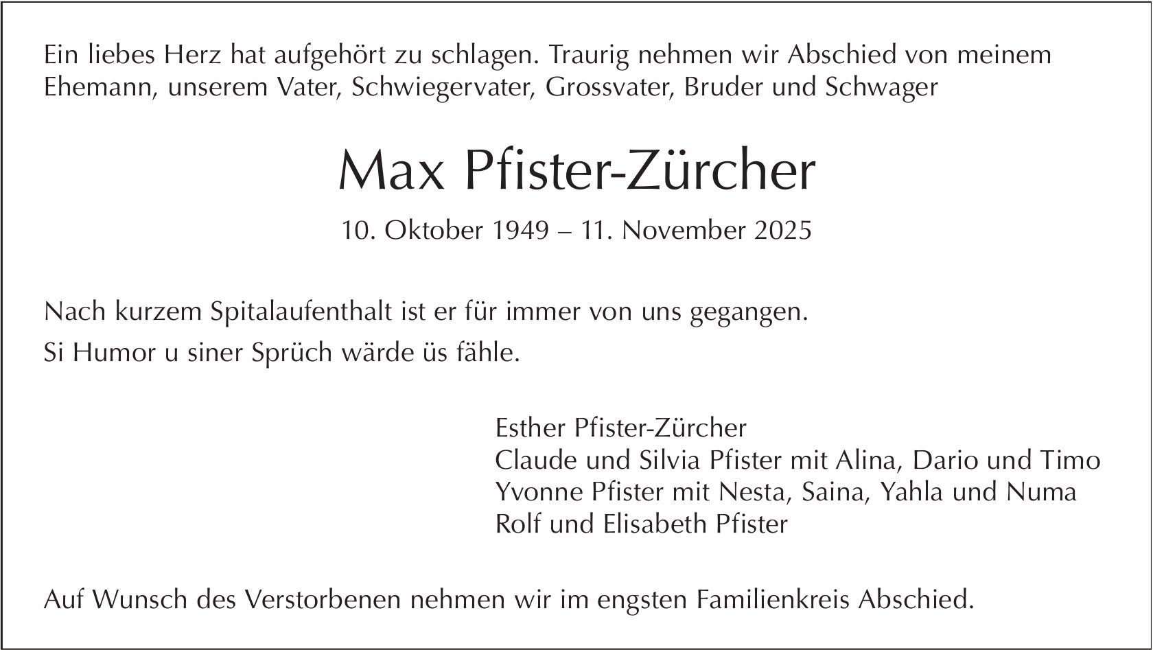 Max Pfister-Zürcher, November 2025 / TA