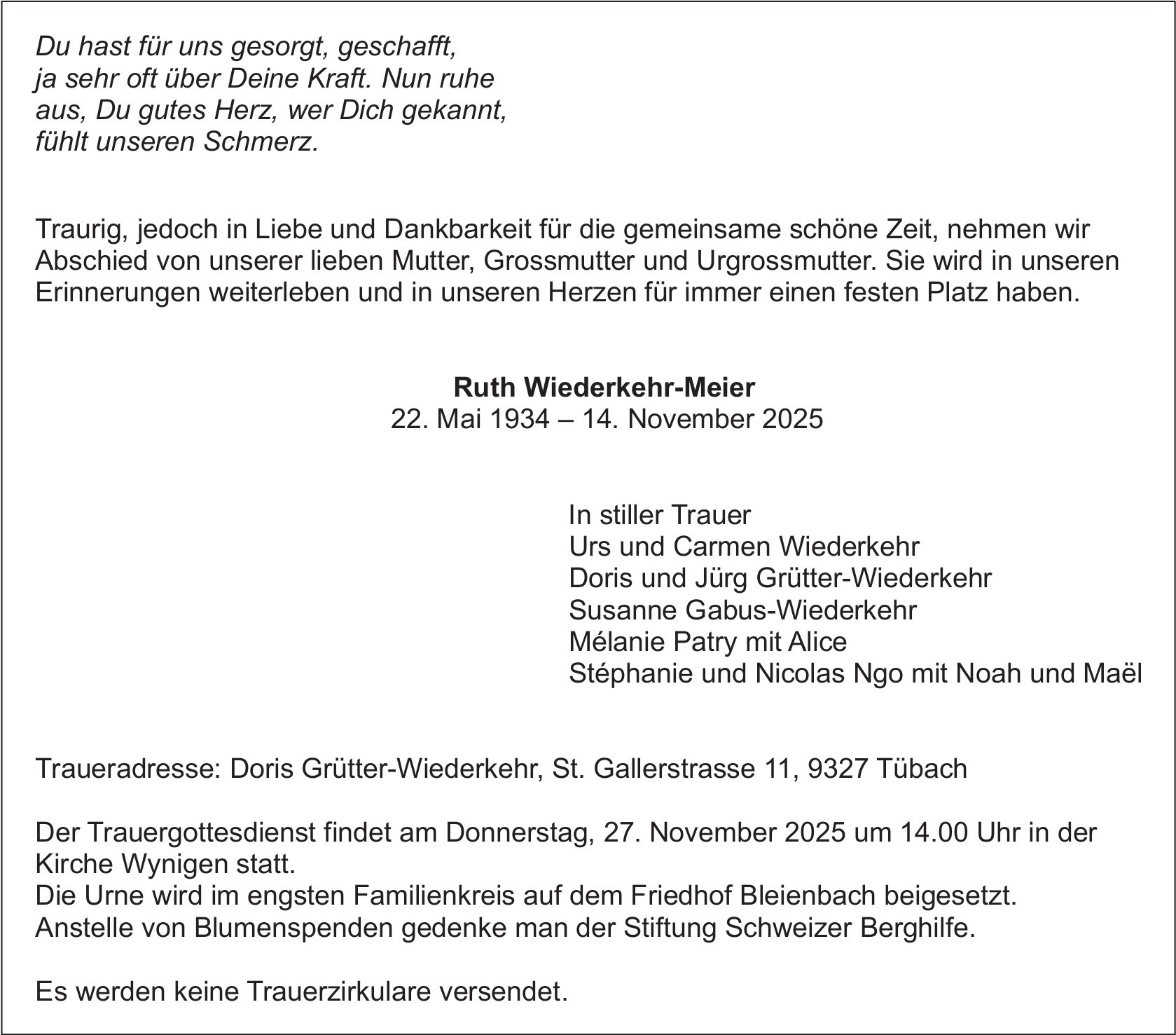 Ruth Wiederkehr-Meier, November 2025 / TA