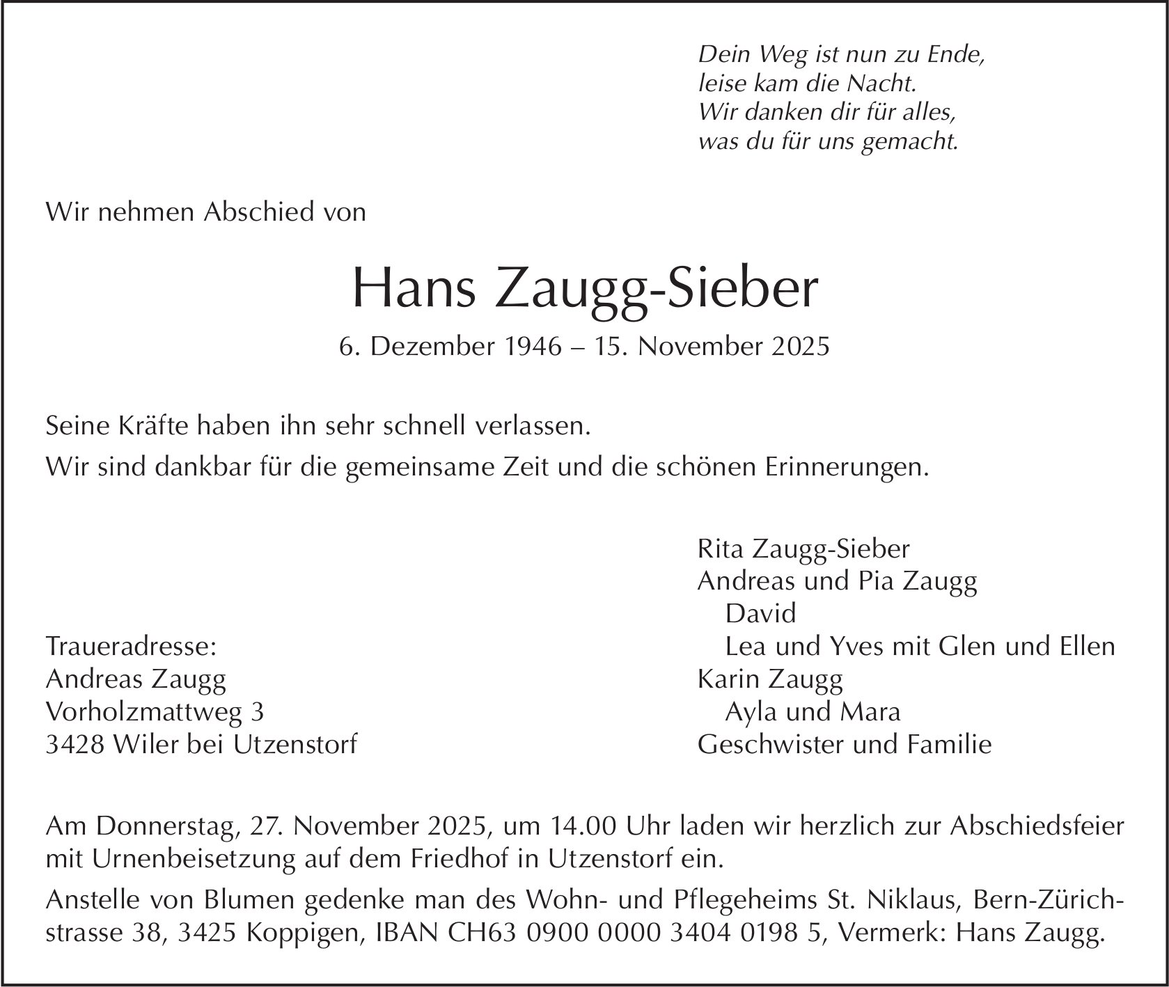Hans Zaugg-Sieber, November 2025 / TA