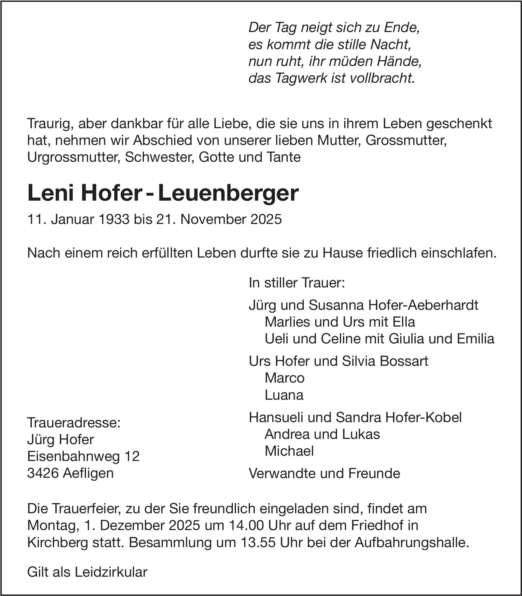 Leni Hofer - Leuenberger, November 2025 / TA