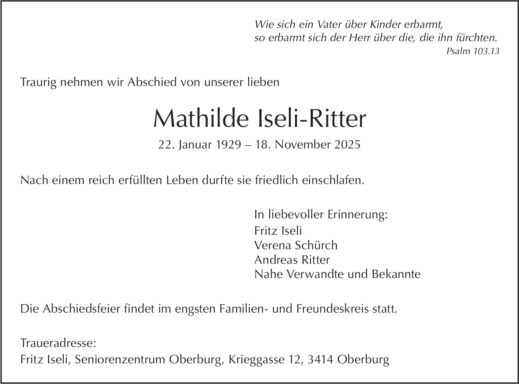 Mathilde Iseli-Ritter, November 2025 / TA