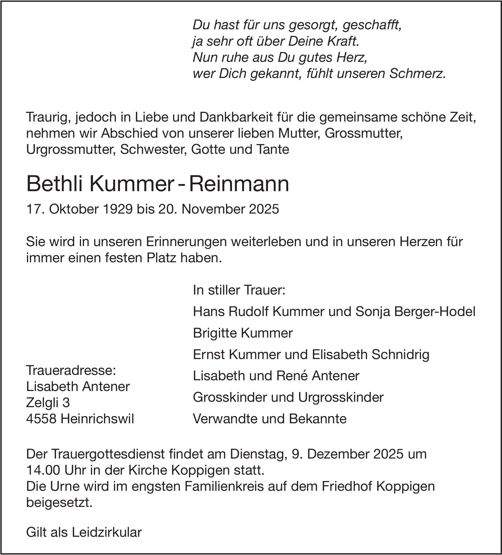 Bethli Kummer - Reinmann, November 2025 / TA