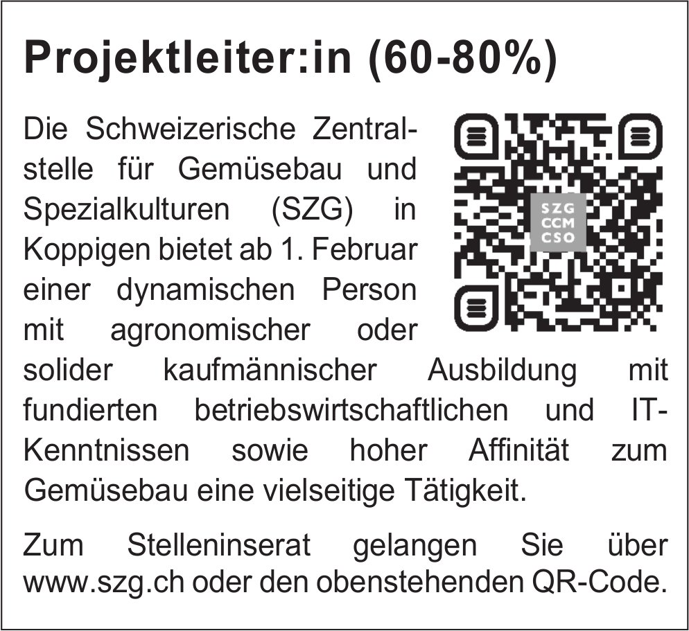 Projektleiter:in (60-80%), Schweizerische Zentralstelle für Gemüsebau, Koppigen, gesucht