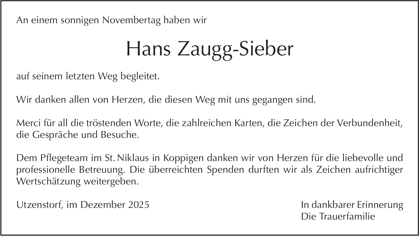 Hans Zaugg-Sieber, im Dezember 2025 / DS