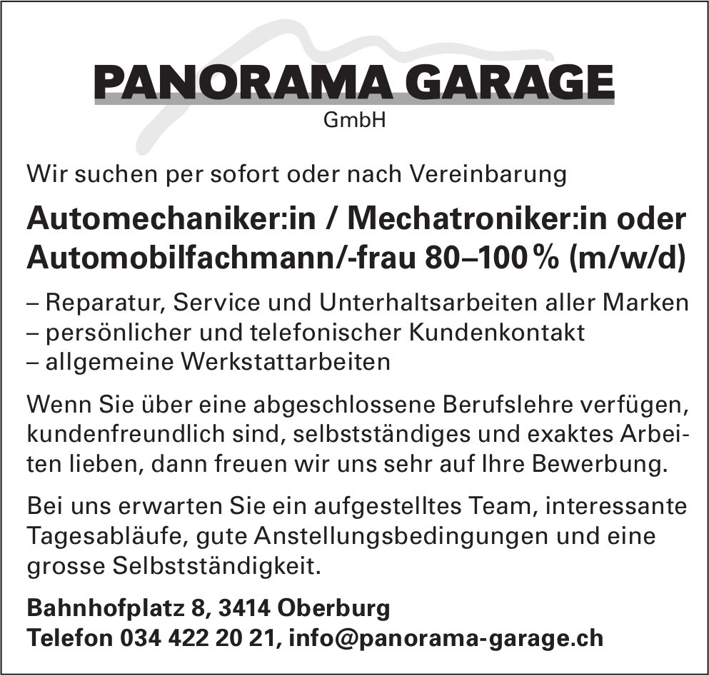Automechaniker:in / Mechatroniker:in oder Automobilfachmann/-frau 80-100% (m/w/d), Panorama Garage GmbH, Oberburg, gesucht