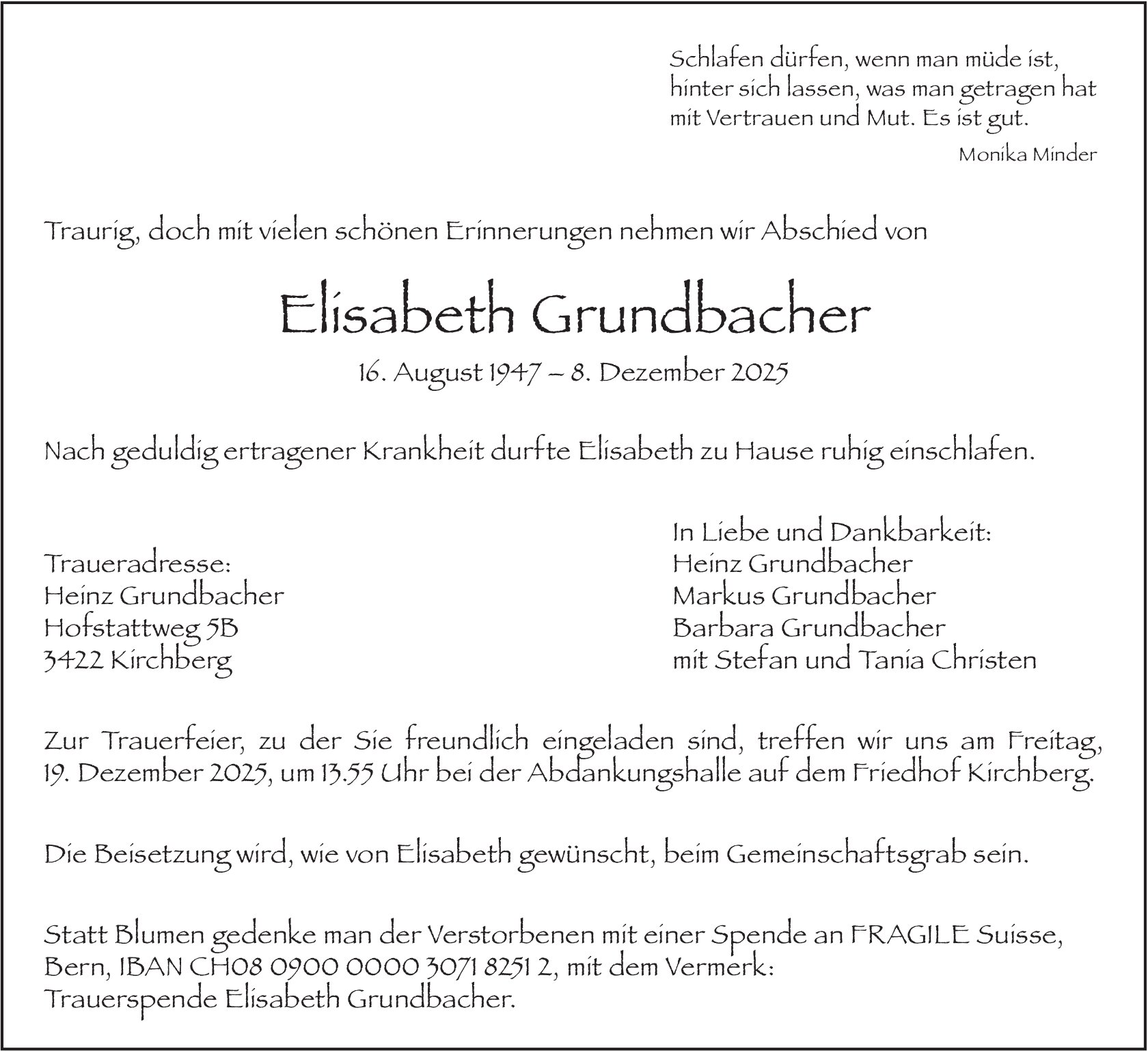 Elisabeth Grundbacher, Dezember 2025 / TA