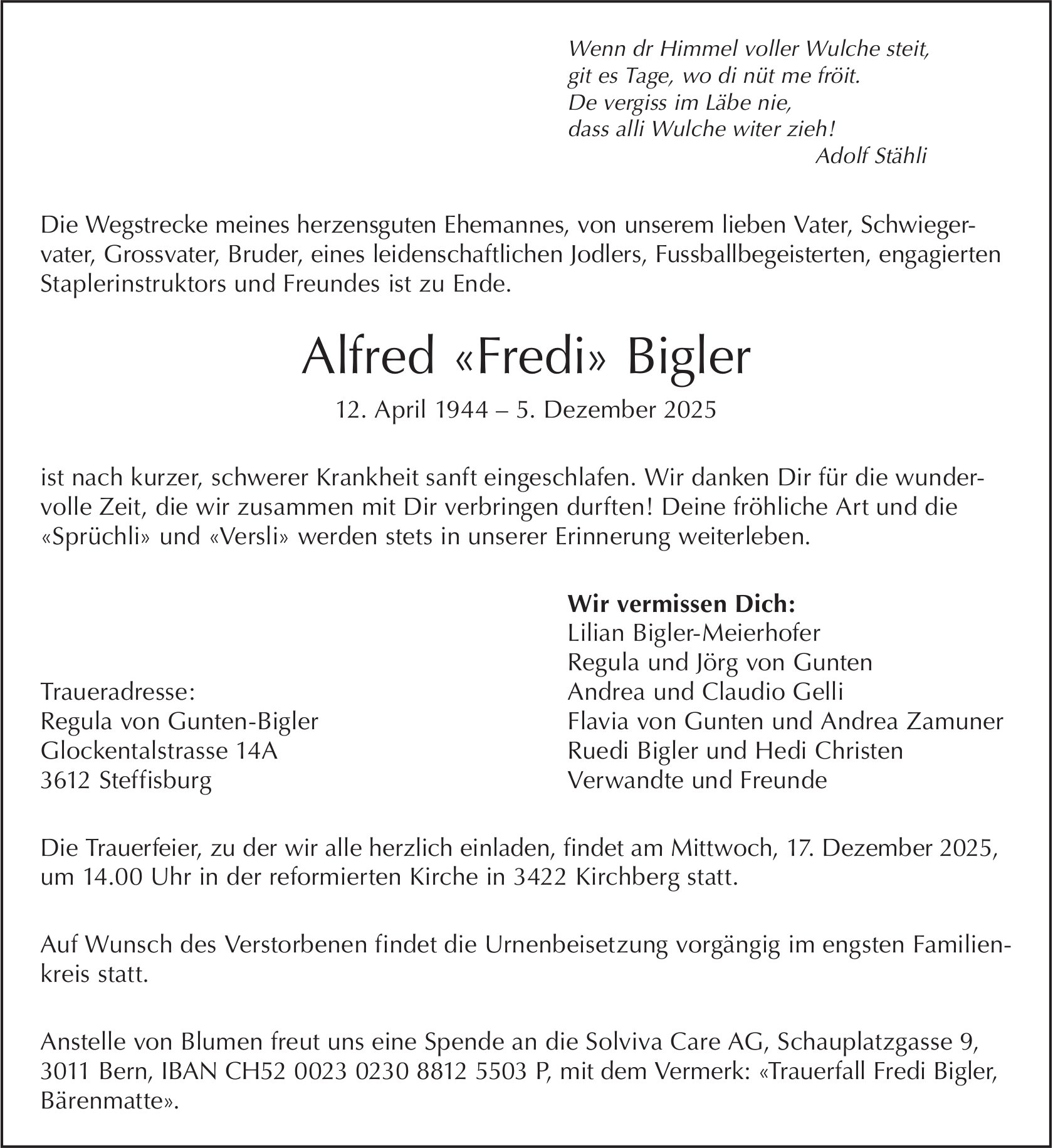 Alfred «Fredi» Bigler, Dezember 2025 / TA