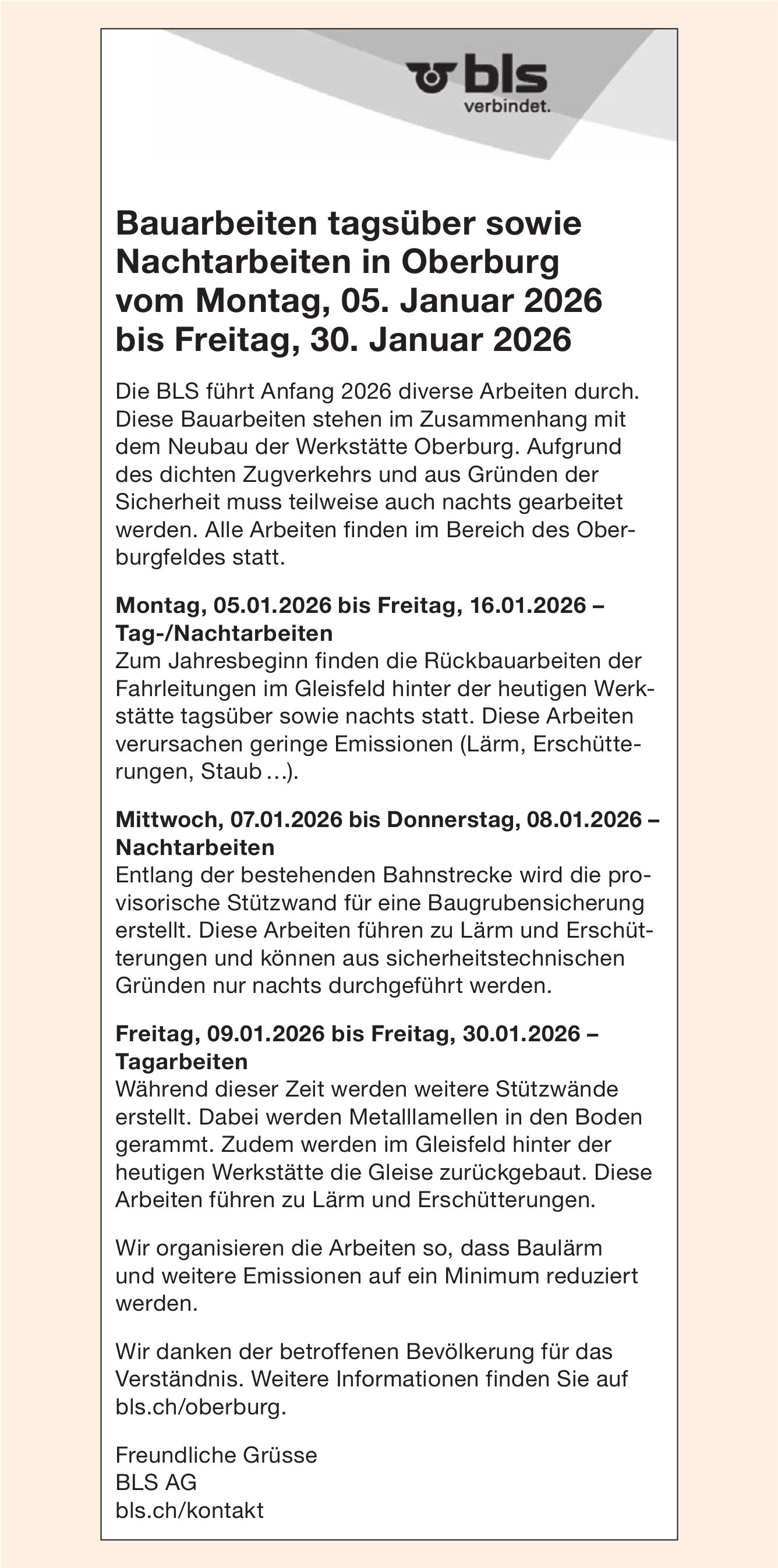 BLS AG, Bauarbeiten tagsüber sowie Nachtarbeiten in Oberburg vom Montag, 05. Januar 2026 bis Freitag,  30. Januar 2026