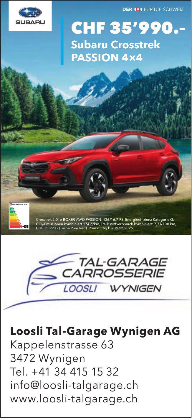 Loosli Tal-Garage Wynigen AG, Subaru Crosstrek PASSION 4×4