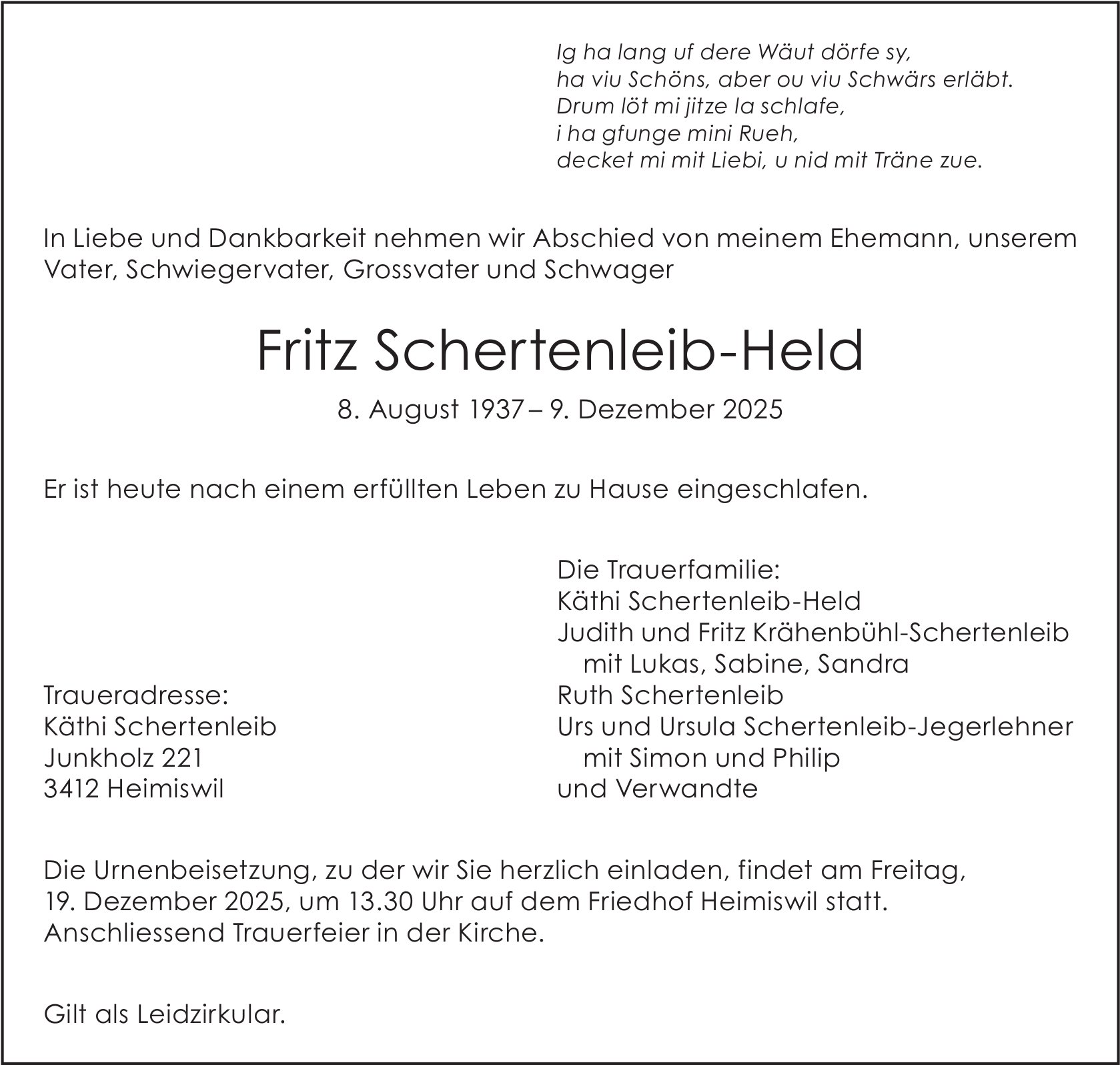 Fritz Schertenleib-Held, Dezember 2025 / TA