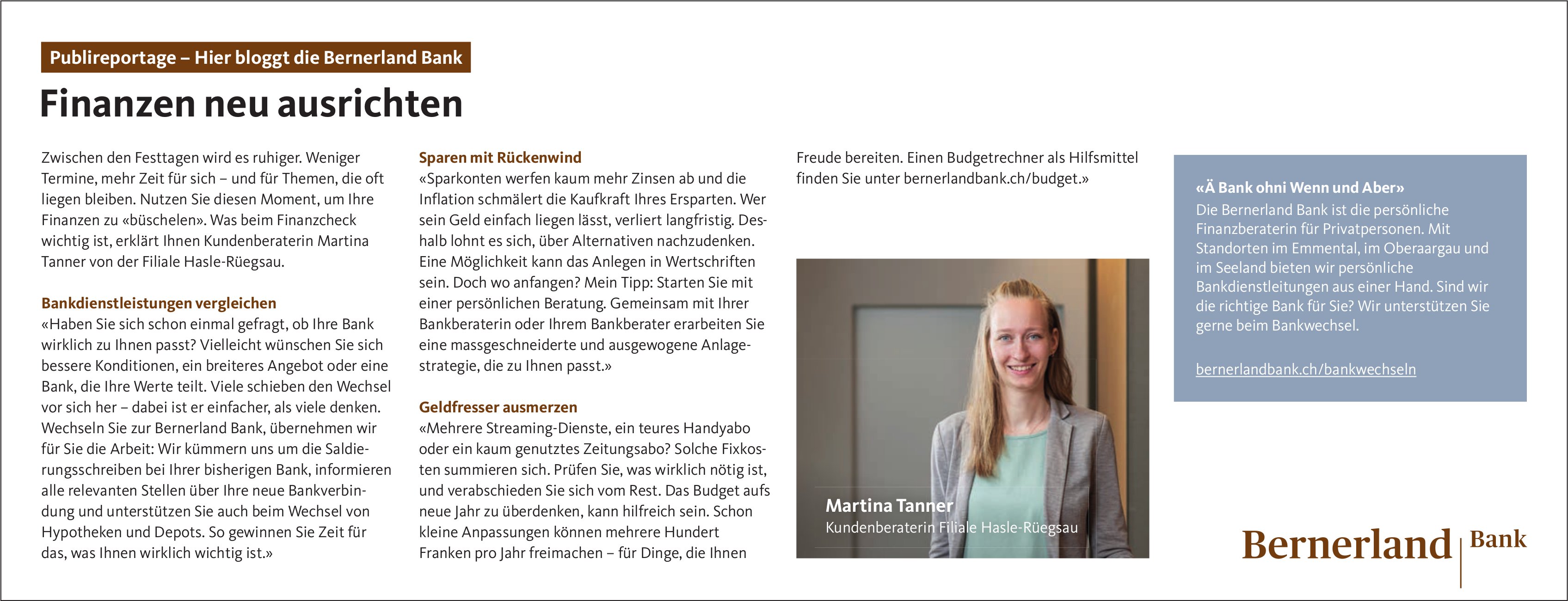 Bernerland Bank, Hasle-Rüegsau - Finanzen neu ausrichten