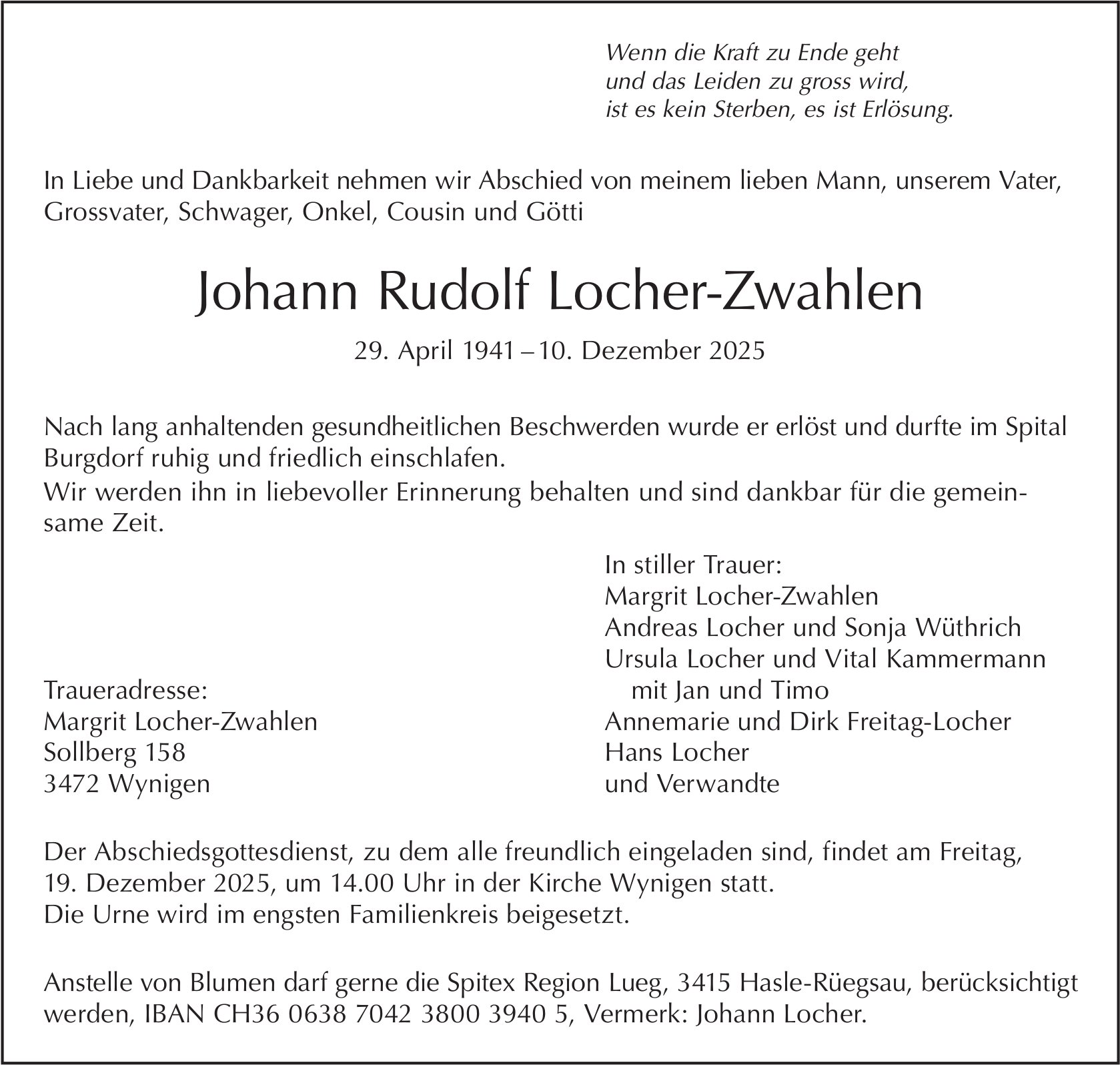 Johann Rudolf Locher-Zwahlen, Dezember 2025 / TA