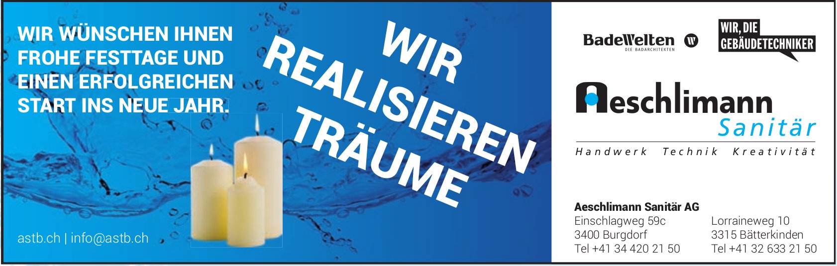 Aeschlimann Sanitär AG, Burgdorf - Wir wünschen Ihnen frohe Festtage und einen erfolgreichen Start ins neue Jahr.