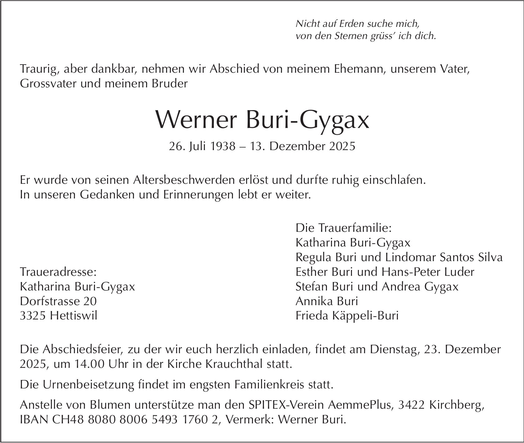 Werner Buri-Gygax, Dezember 2025 / TA