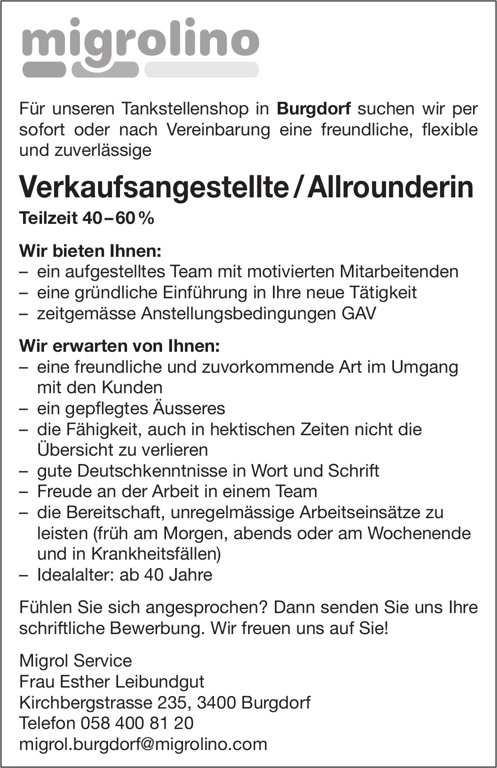 Verkaufsangestellte / Allrounderin 40-60%, Migrolino, Burgdorf, gesucht