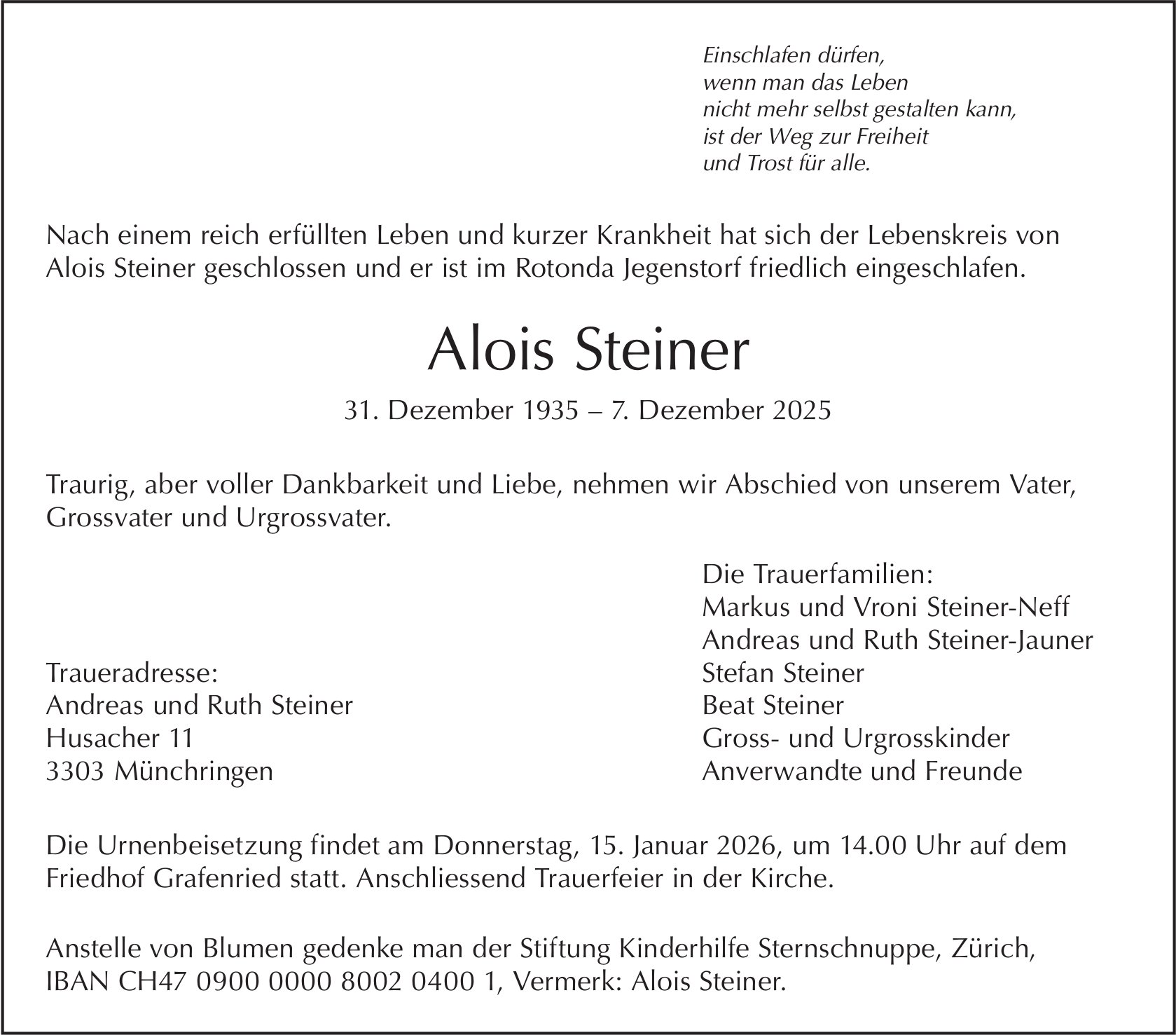 Alois Steiner, Dezember 2025 / TA