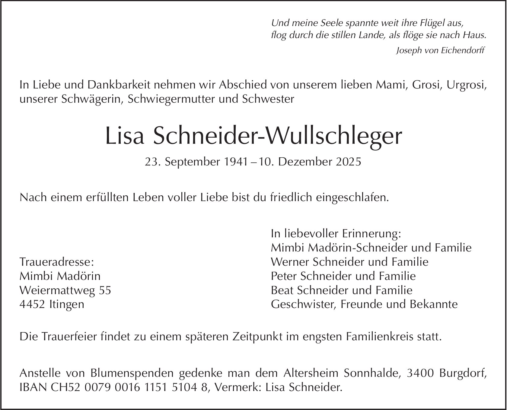 Lisa Schneider-Wullschleger, Dezember 2025 / TA