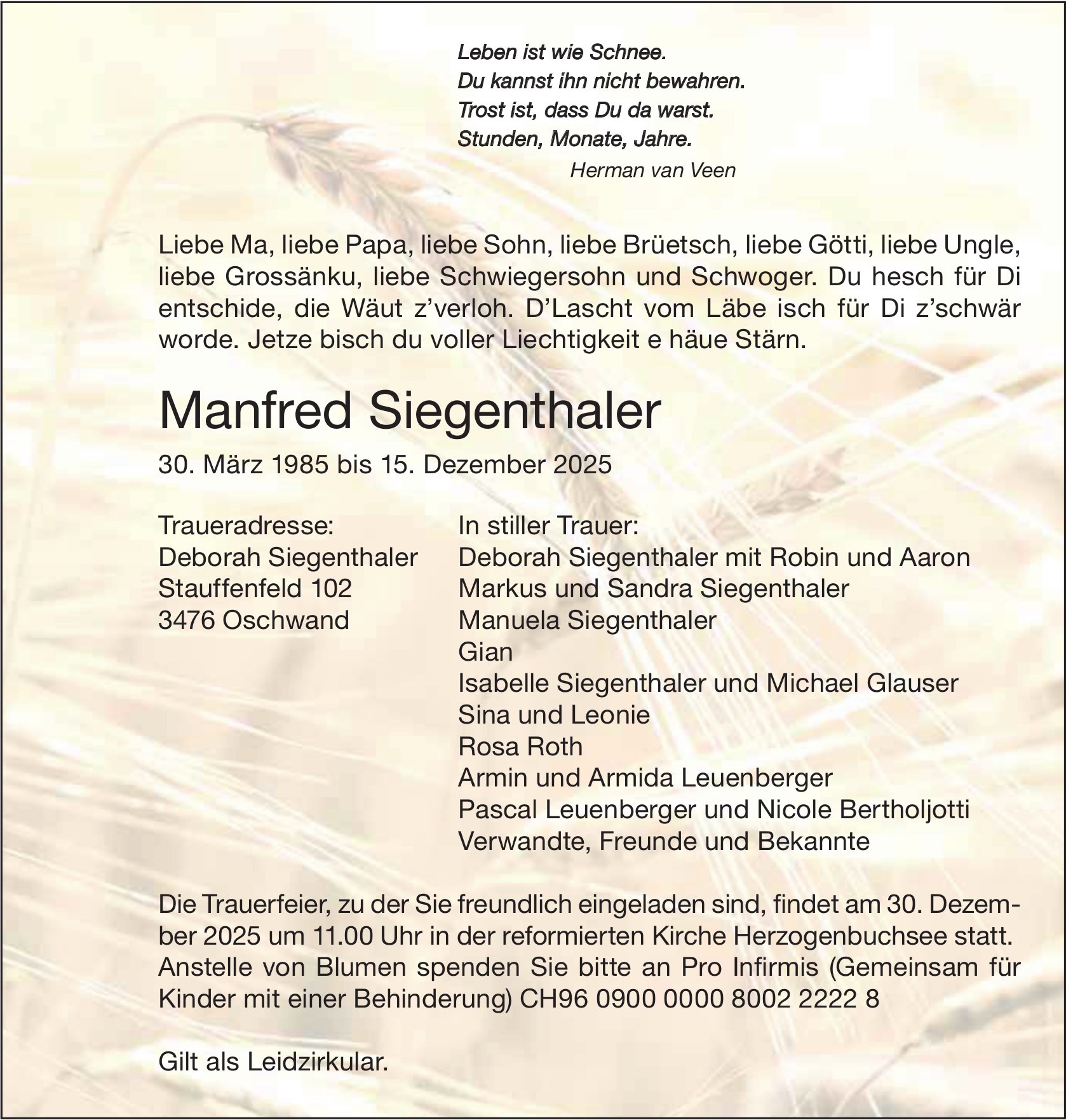 Manfred Siegenthaler, Dezember 2025 / TA