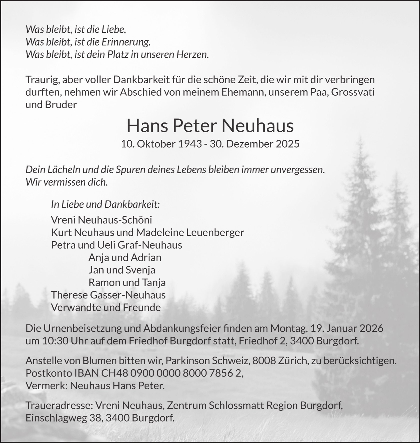 Hans Peter Neuhaus, Dezember 2025 / TA