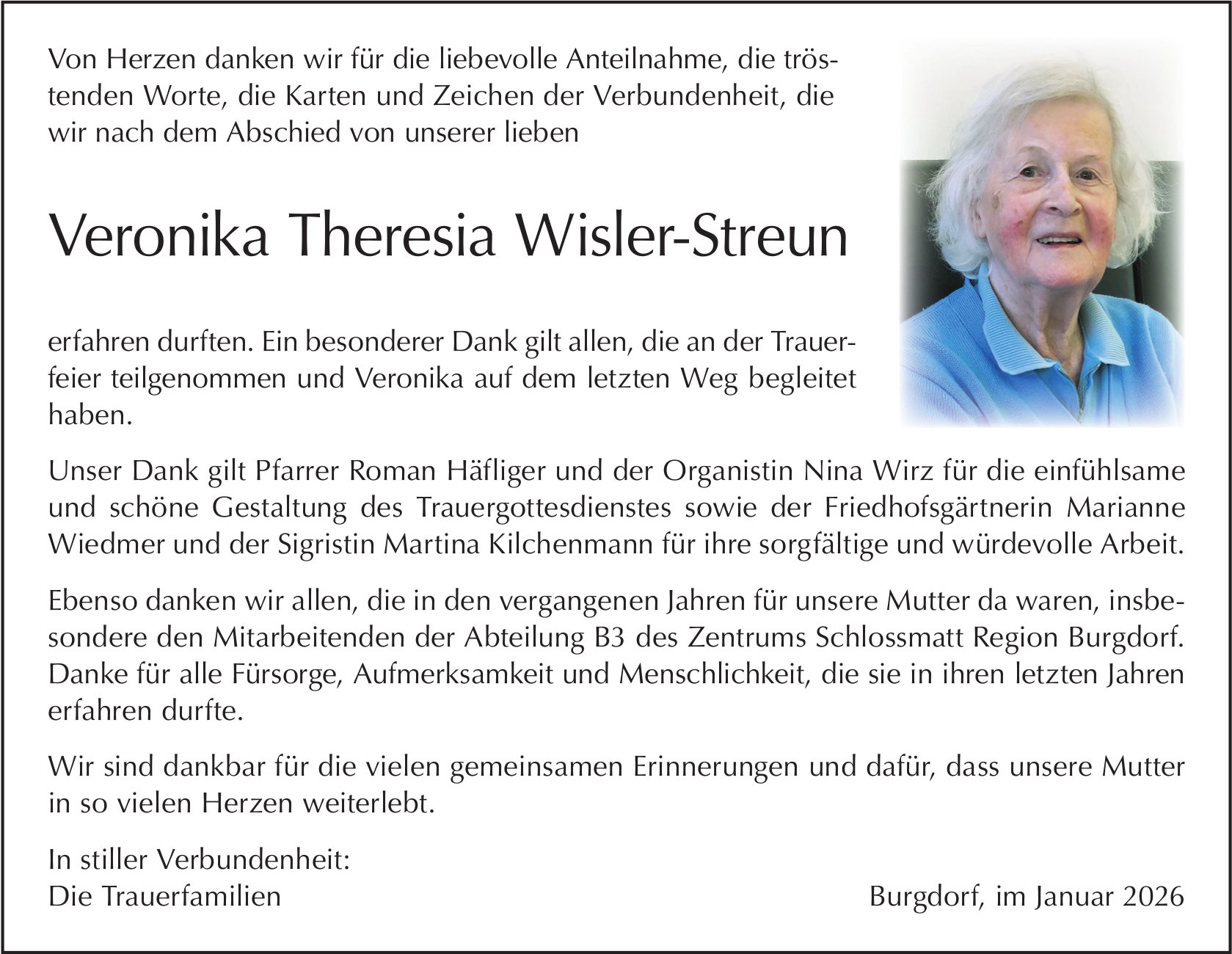 Veronika Theresia Wisler-Streun, im Januar 2026 / DS