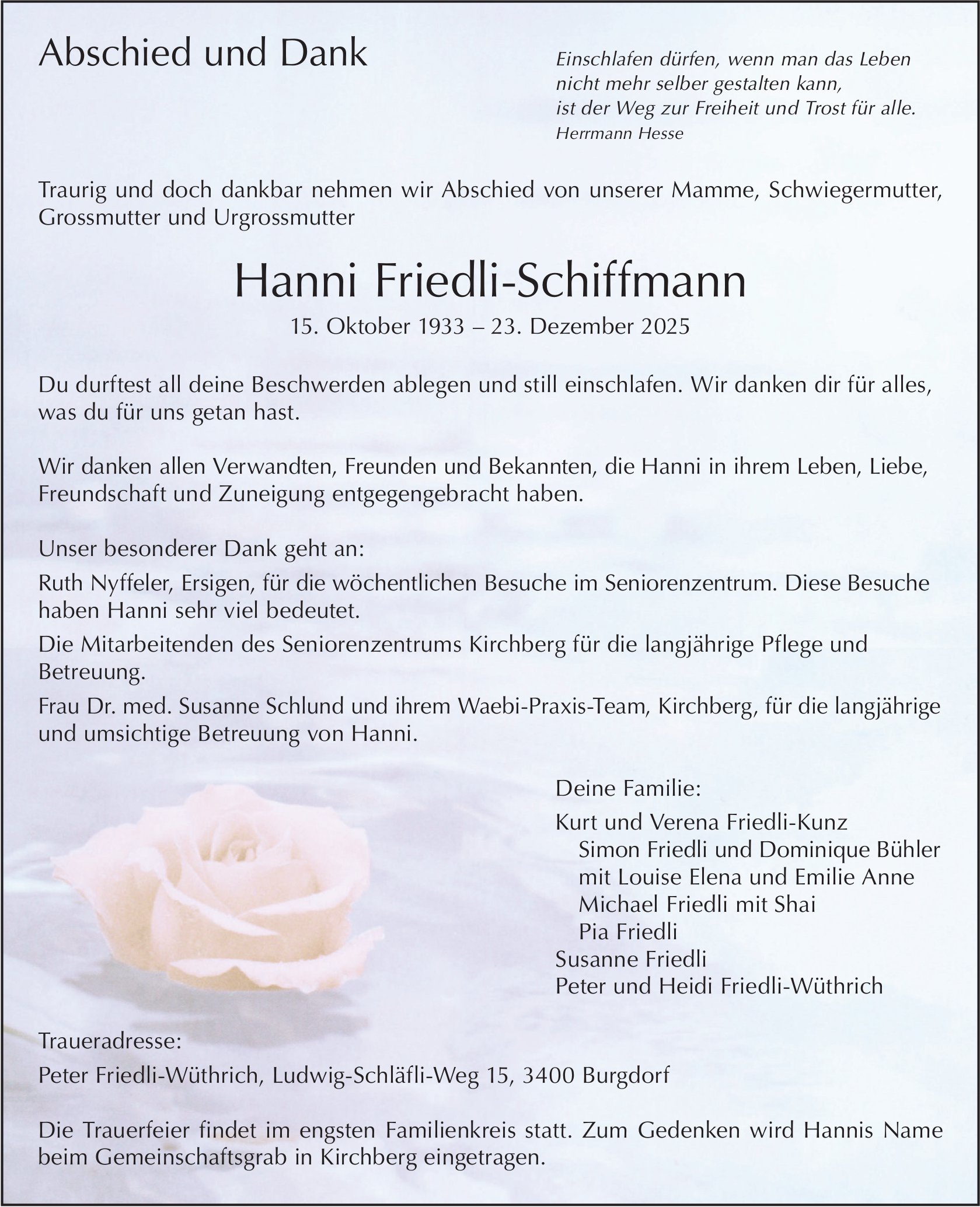 Hanni Friedli-Schiffmann, Dezember 2025 / TA + DS