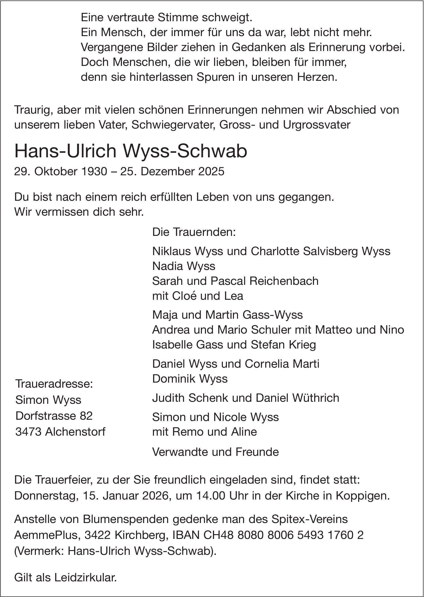 Hans-Ulrich Wyss-Schwab, Dezember 2025 / TA