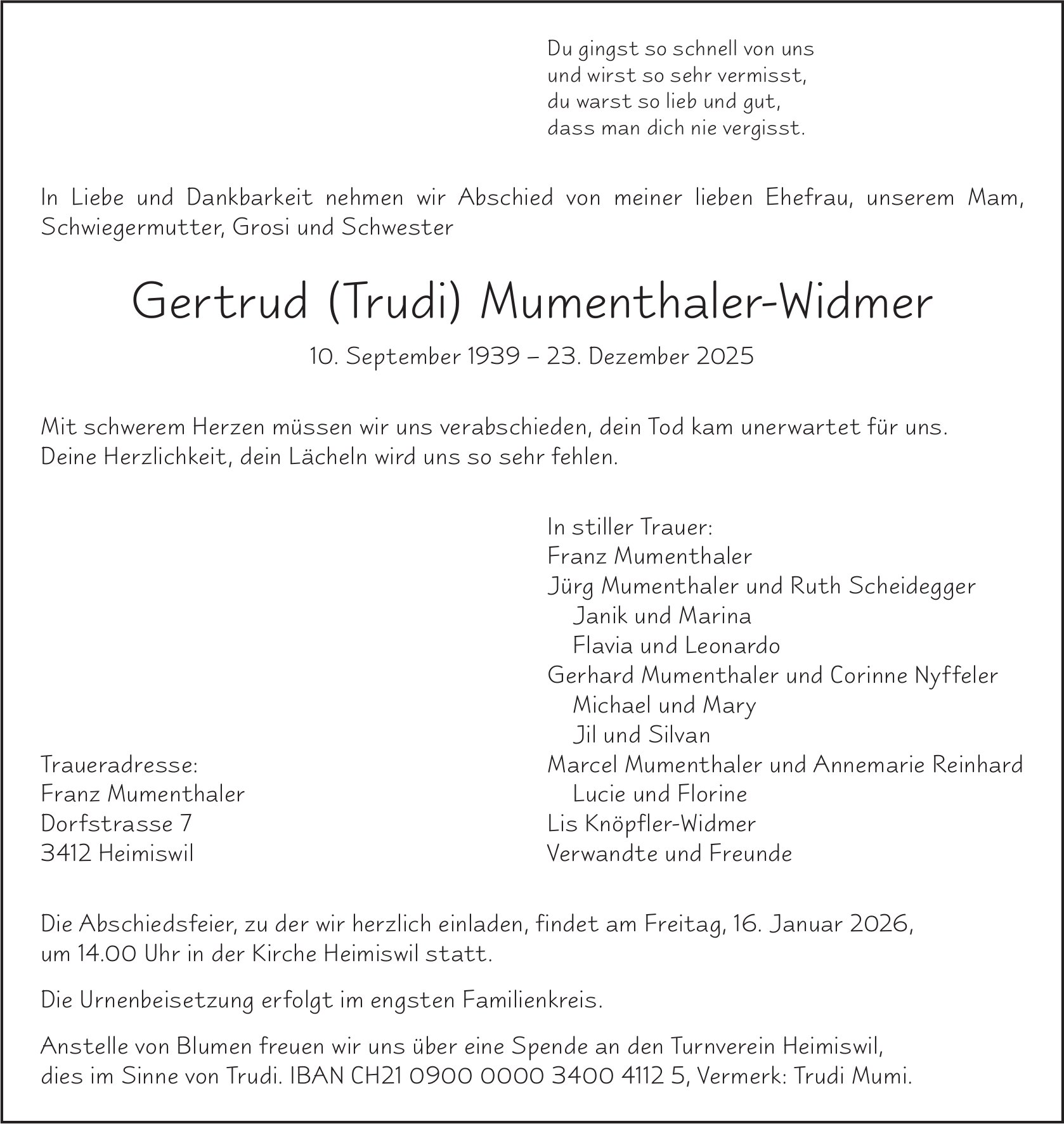 Gertrud (Trudi) Mumenthaler-Widmer, Dezember 2025 / TA