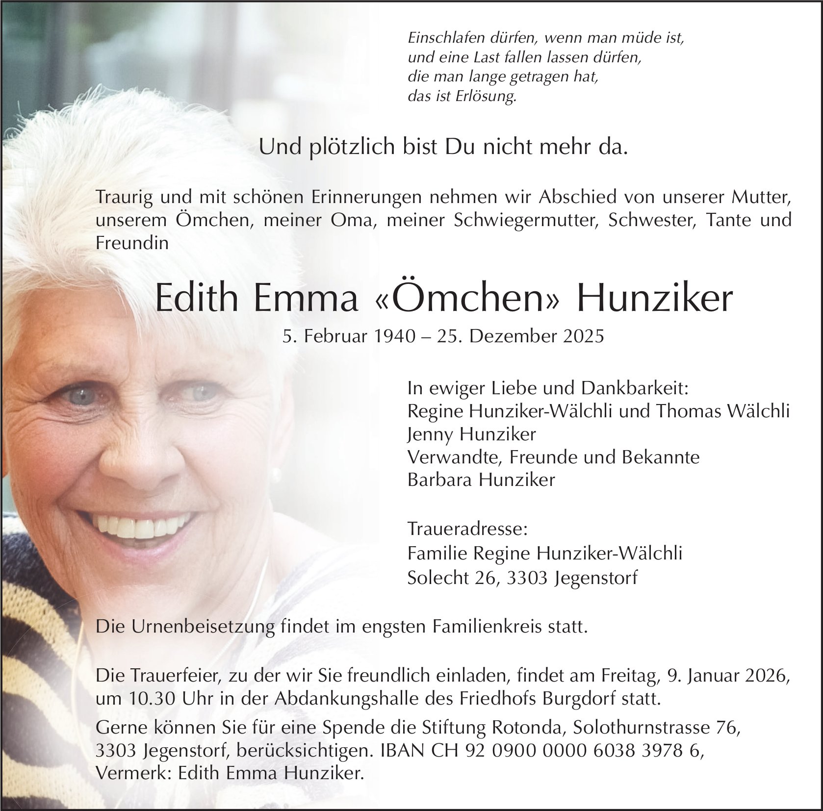 Edith Emma «Ömchen» Hunziker, Dezember 2025 / TA