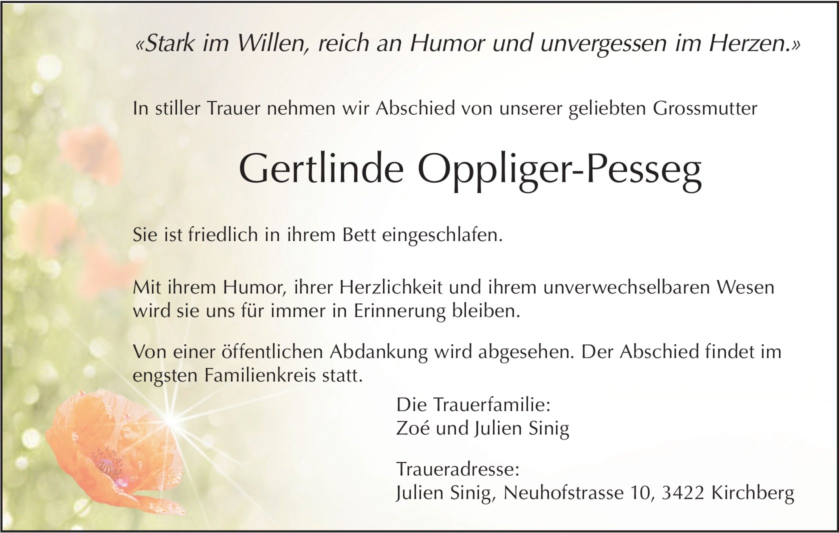 Gertlinde Oppliger-Pesseg, Dezember 2025 / TA