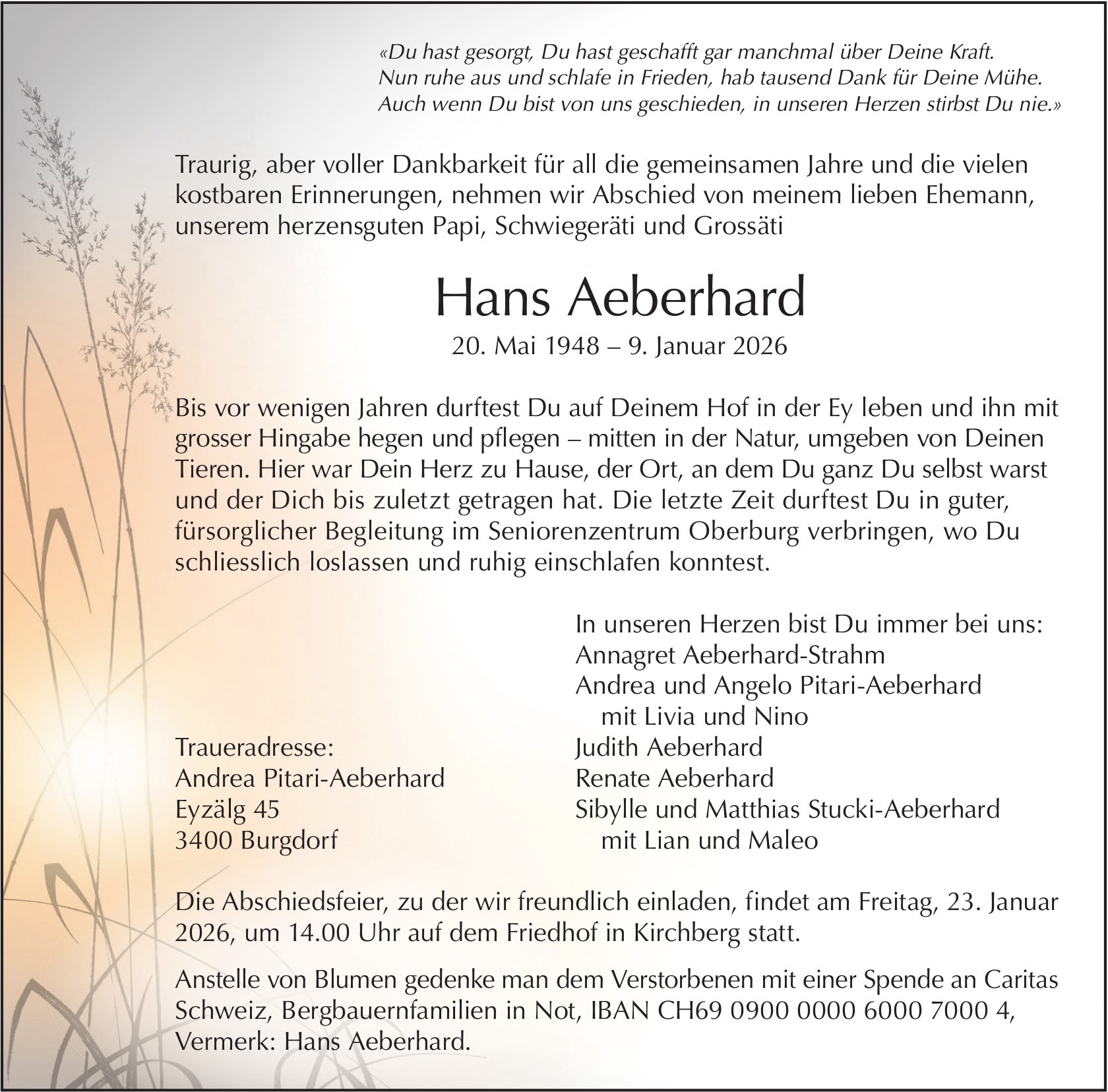 Hans Aeberhard, Januar 2026 / TA