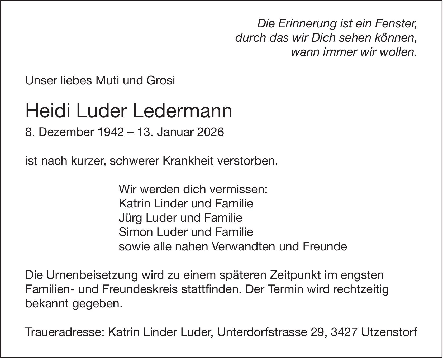 Heidi Luder Ledermann, Januar 2026 / TA