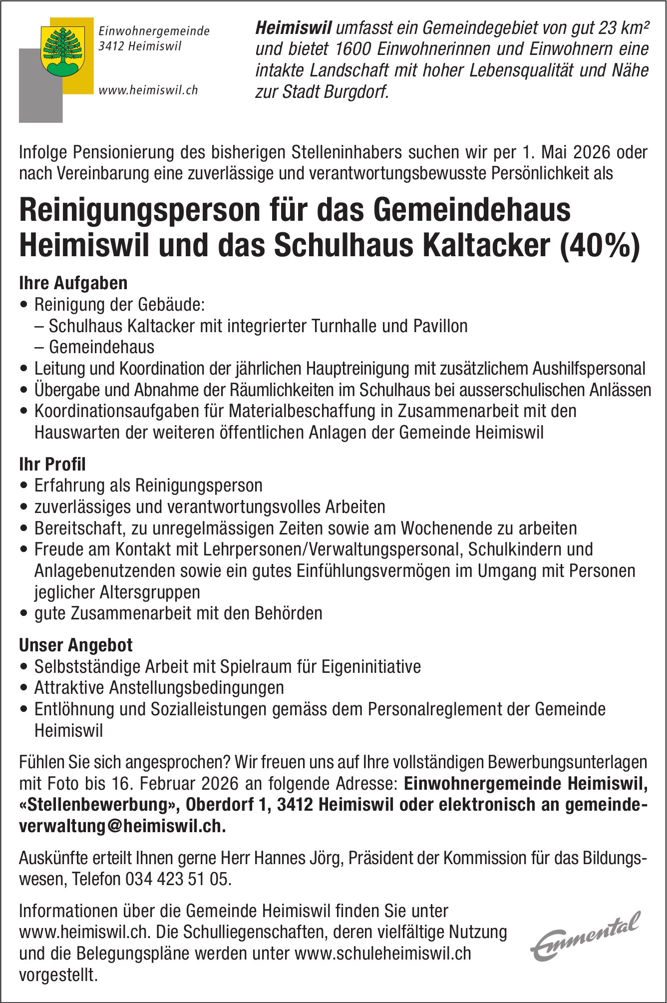 Reinigungsperson Gemeindehaus und Schulhaus Kaltacker (40 %), Gemeinde, Heimiswil, gesucht