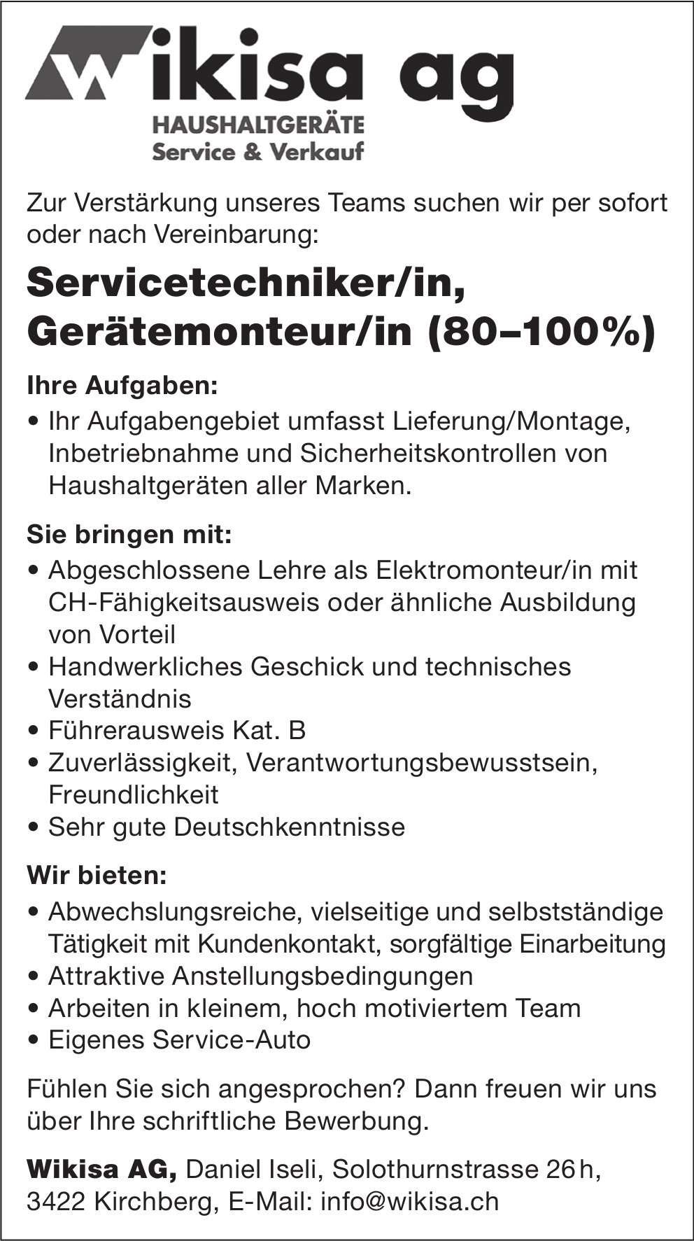 Servicetechniker/in, Gerätemonteur/in (80-100%), Wikisa AG Haushaltgeräte, Kirchberg,  gesucht