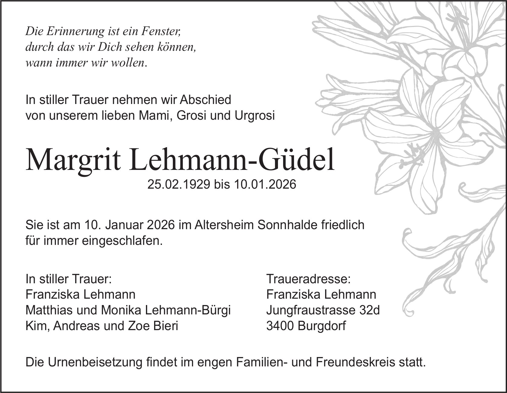 Margrit Lehmann-Güdel, Januar 2026 / TA