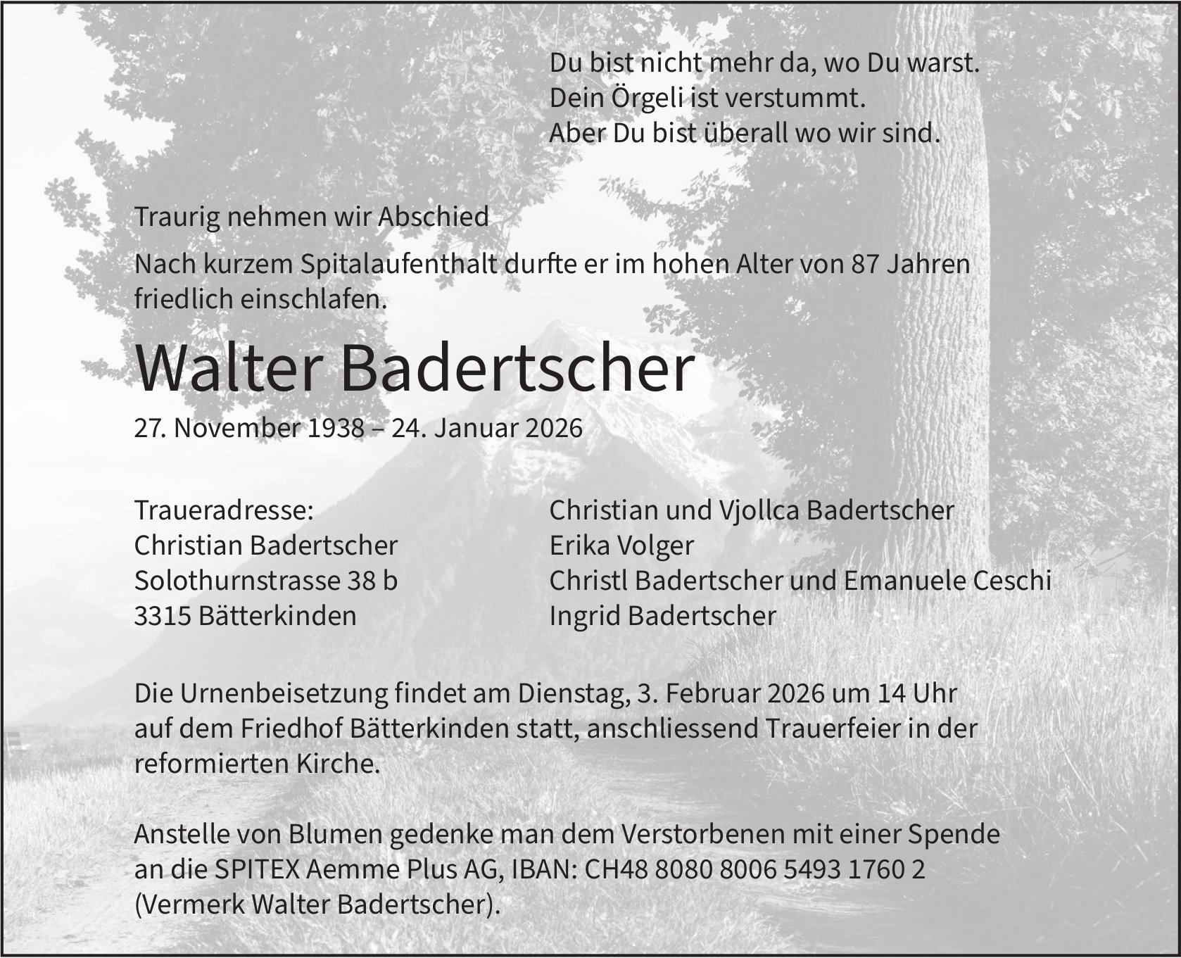 Walter Badertscher, Januar 2026 / TA