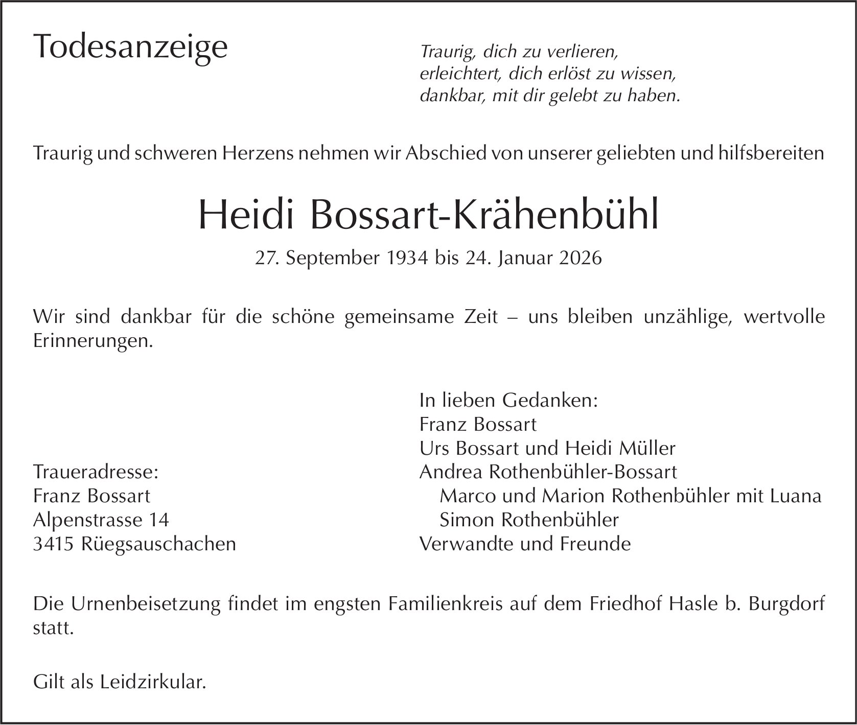 Heidi Bossart-Krähenbühl, Januar 2026 / TA