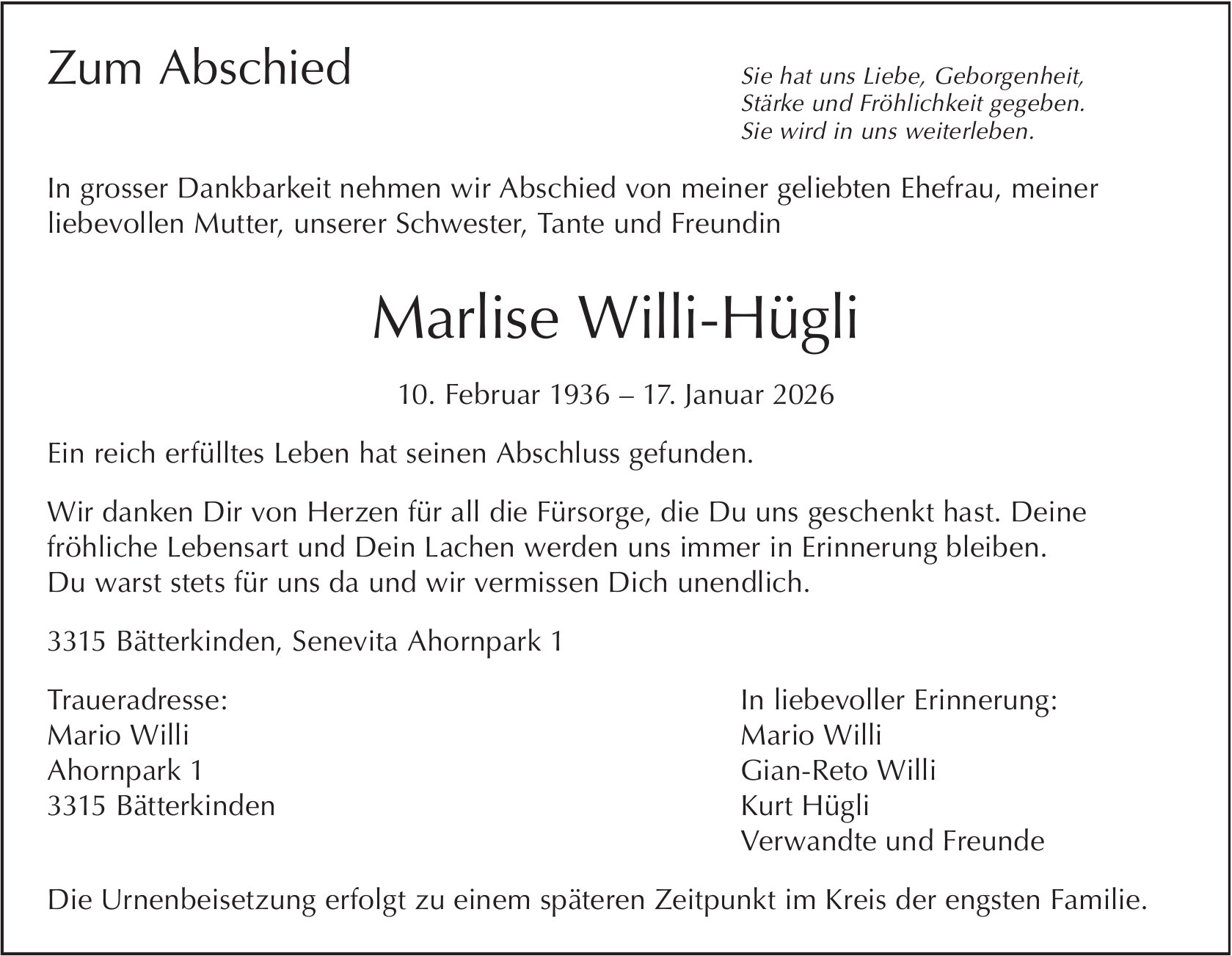 Marlise Willi-Hügli, Januar 2026 / TA