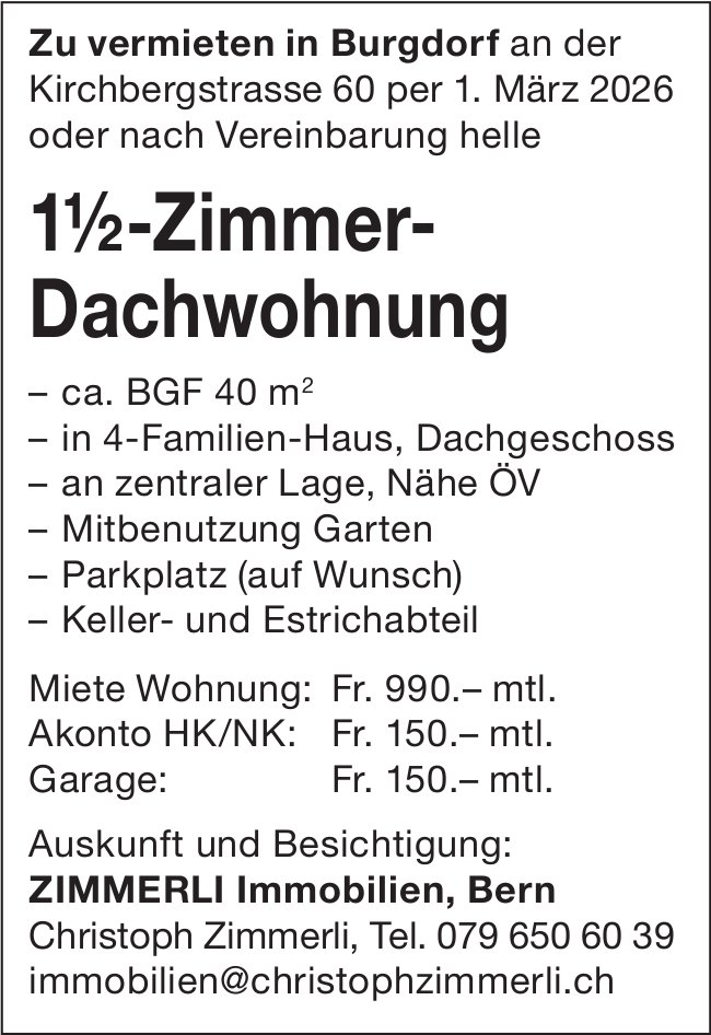 1½-Zimmer- Dachwohnung, Burgdorf, zu vermieten