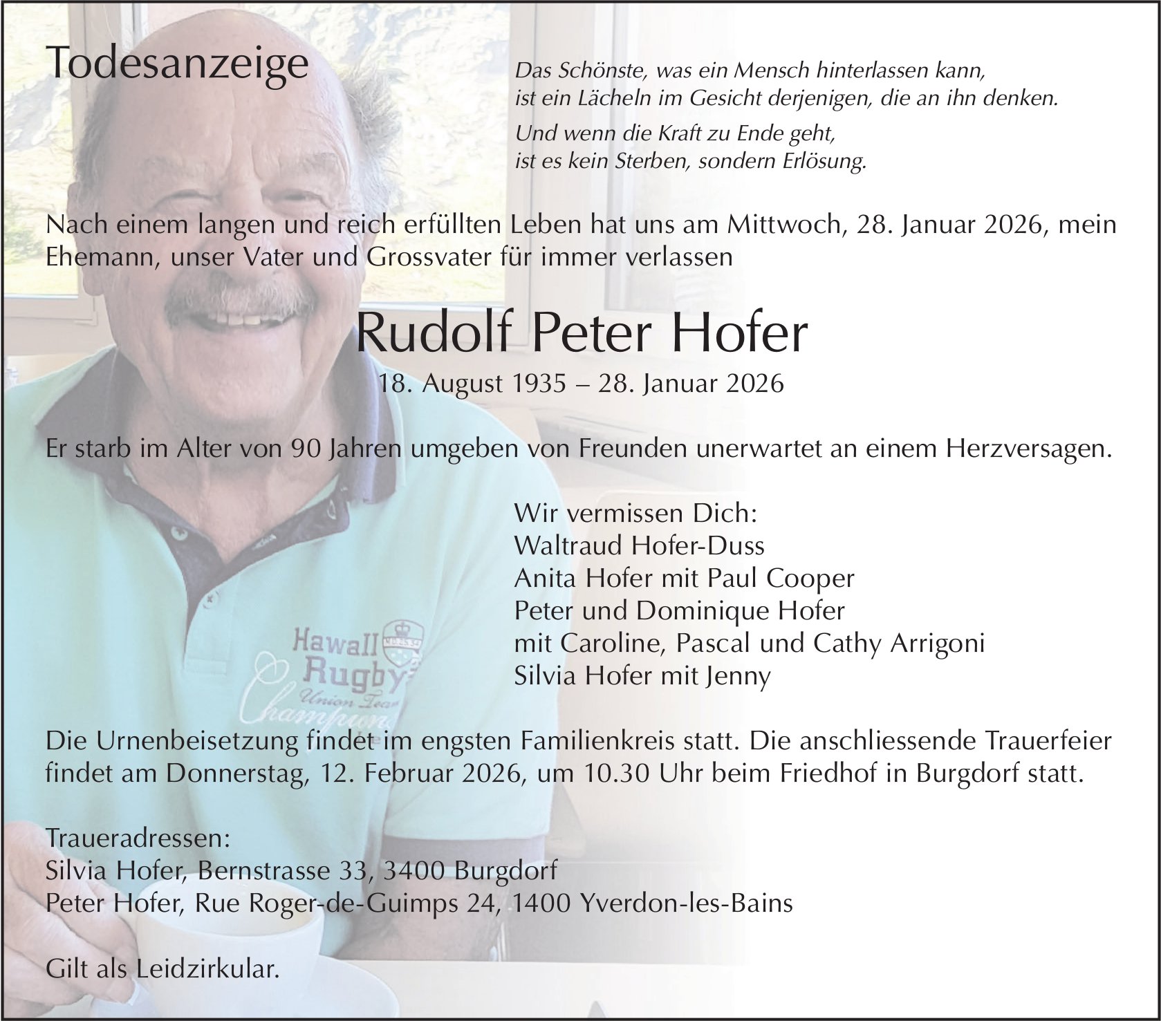 Rudolf Peter Hofer, Januar 2026 / TA