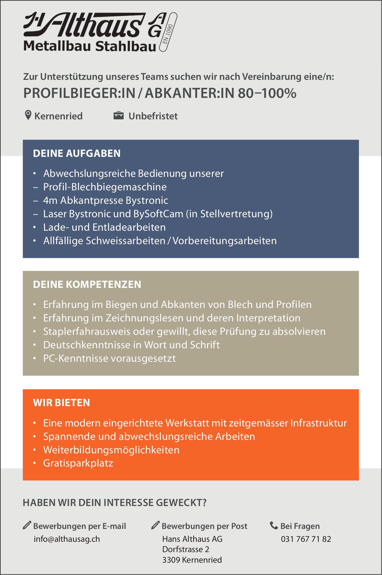 PROFILBIEGER:IN / ABKANTER:IN 80–100%, Hans Althaus AG, Kernenried, gesucht