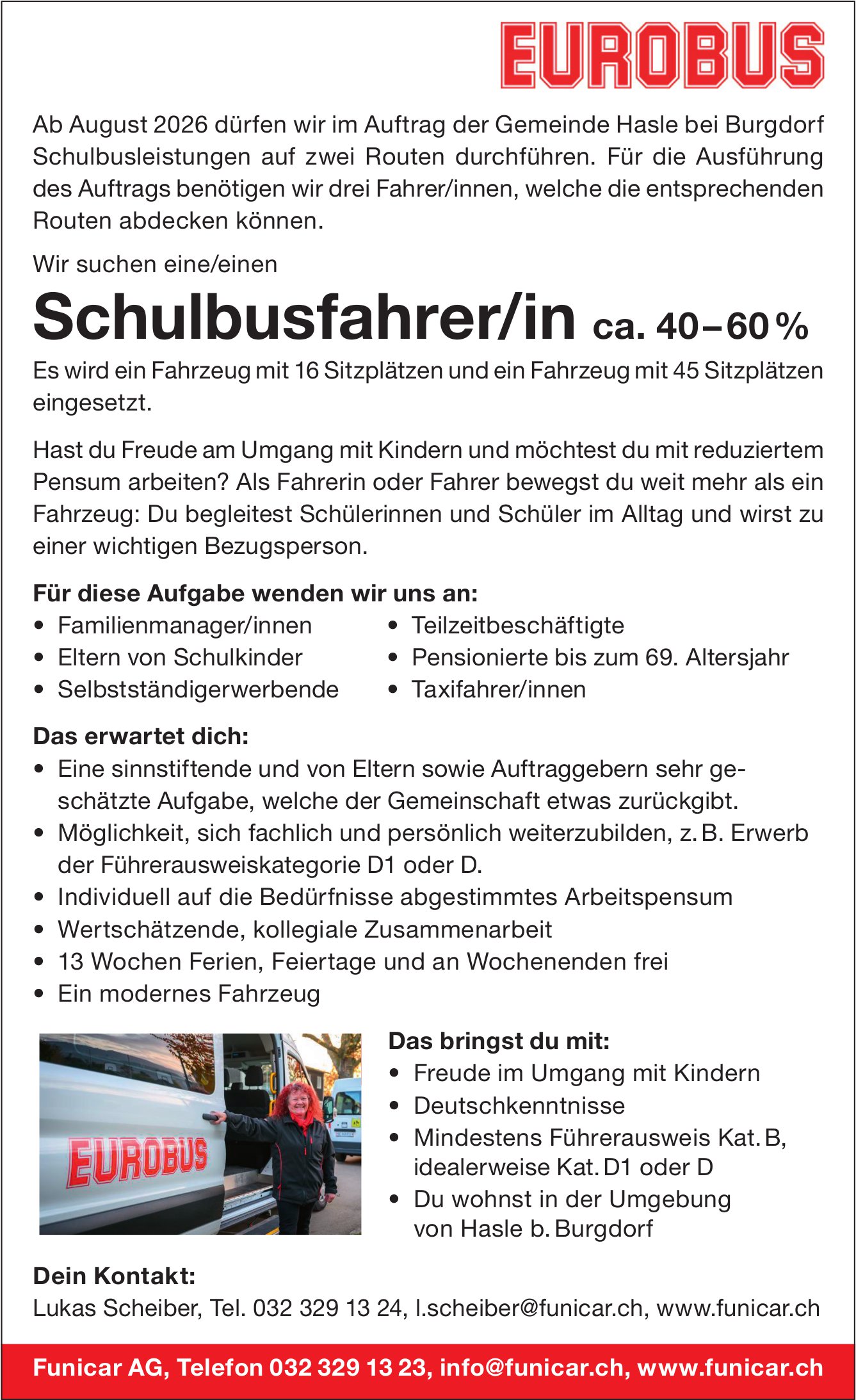 Schulbusfahrer/in ca. 40 – 60 %, Funicar AG, Burgdorf, gesucht