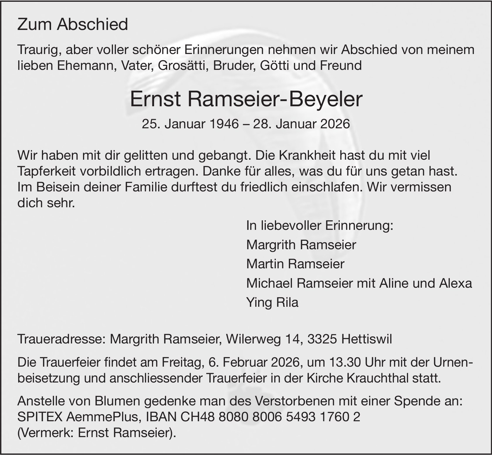 Ernst Ramseier-Beyeler, Januar 2026 / TA