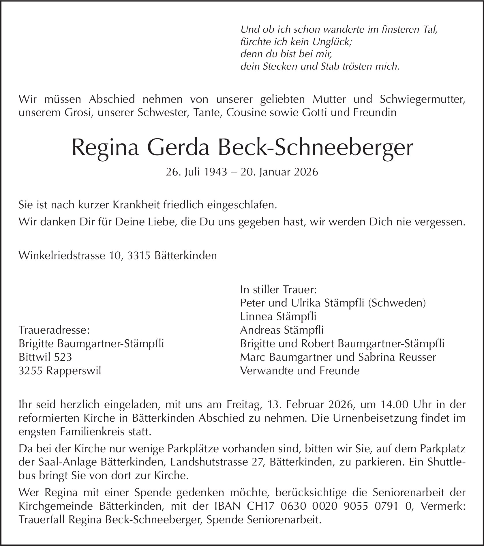 Regina Gerda Beck-Schneeberger, Januar 2026 / TA